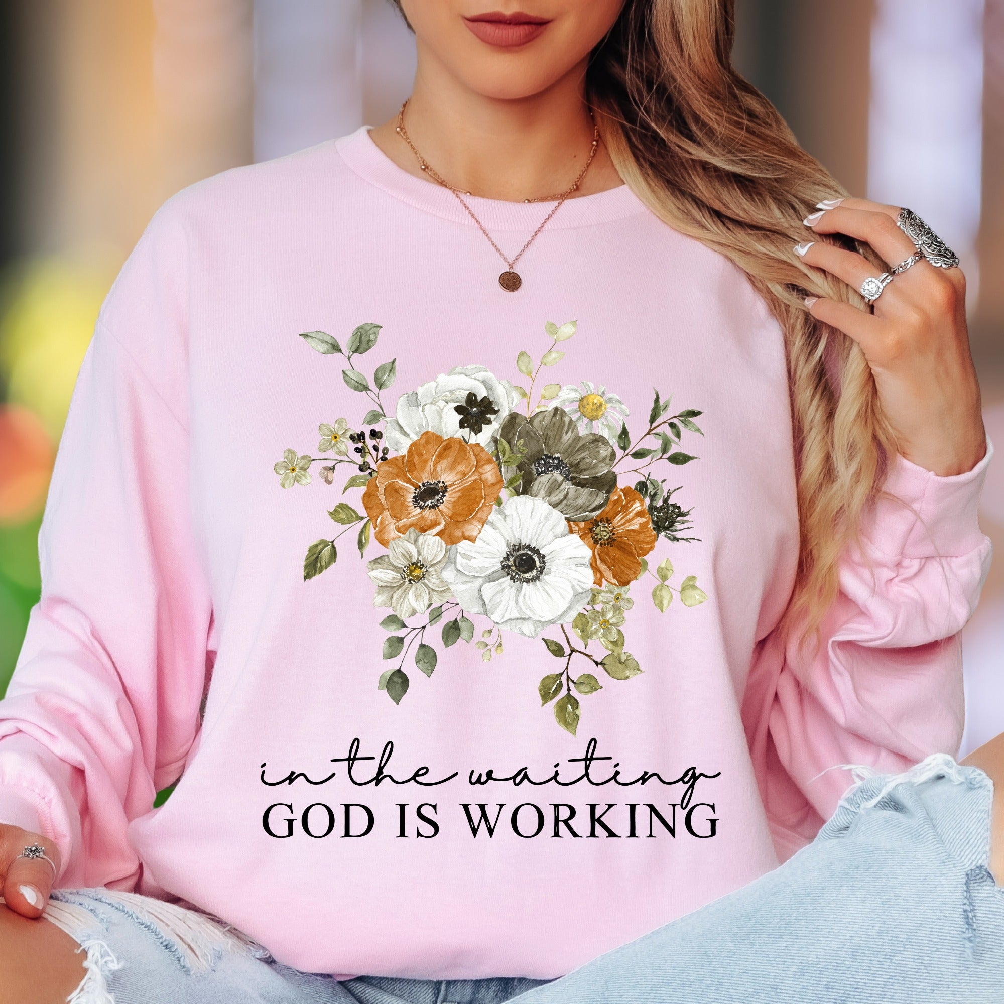 "In The Waiting, God Is Working" | Floral Typography Unisex Adult Long Sleeve T-Shirt | Inspirational Faithwear