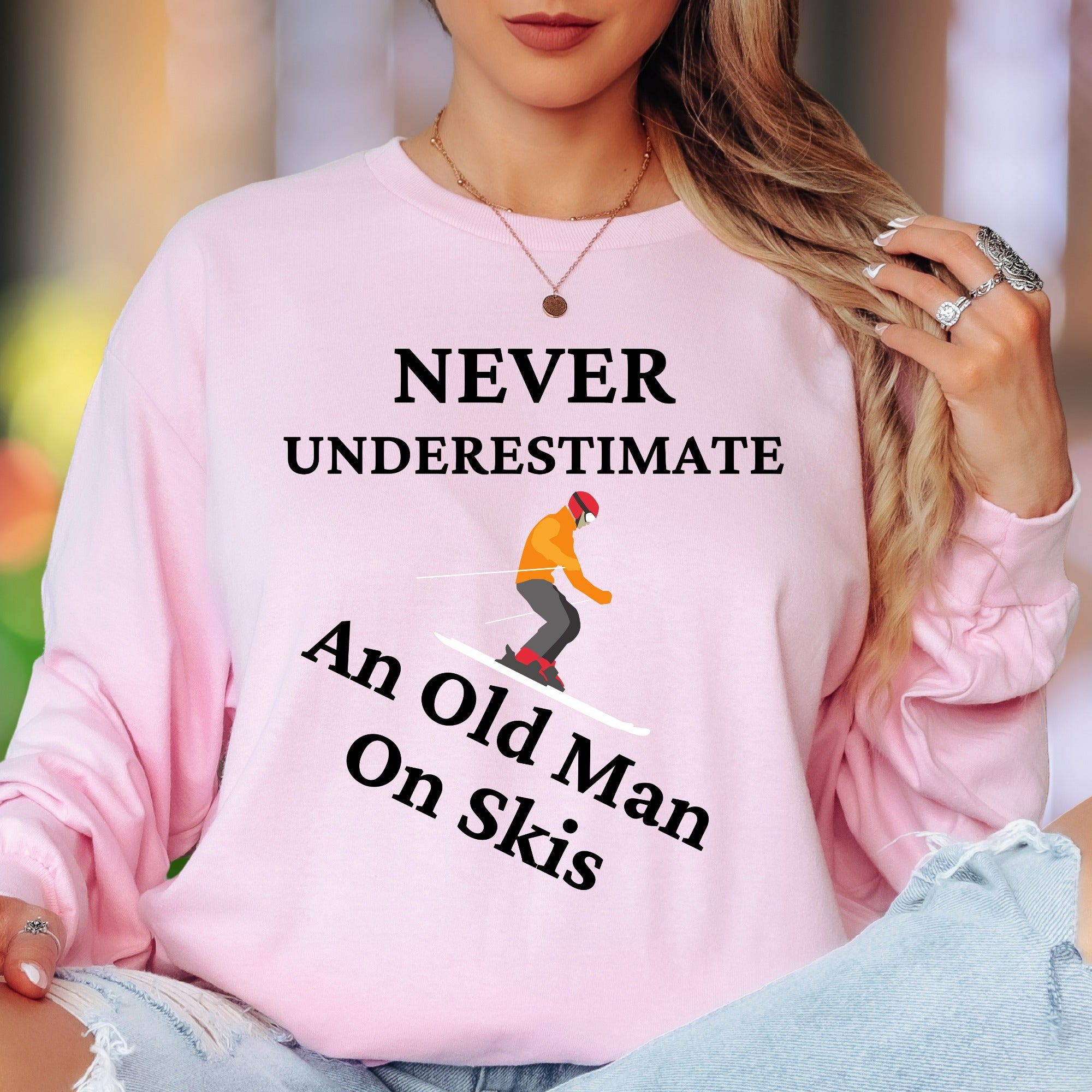 "Never Underestimate An Old Man On Skis" | Funny Illustrated Unisex Adult Long Sleeve T-Shirt | Skiing Humor