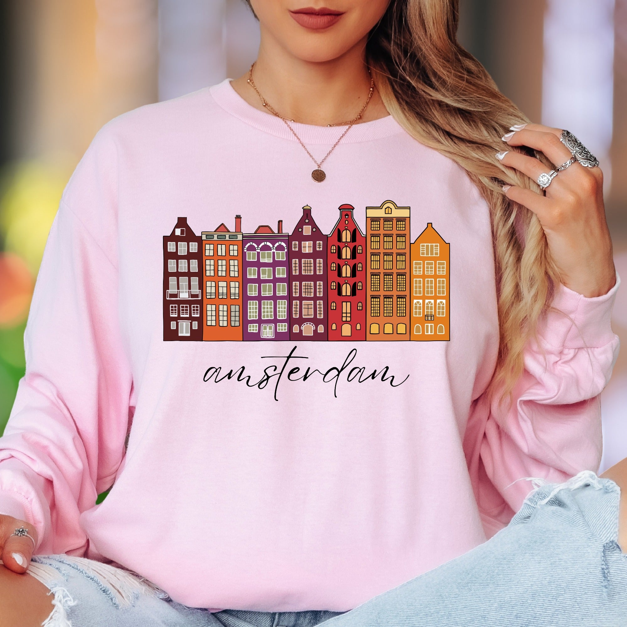 "amsterdam" | Cityscape Retro Unisex Adult Long Sleeve T-Shirt | Travel & Culture Lifestyle
