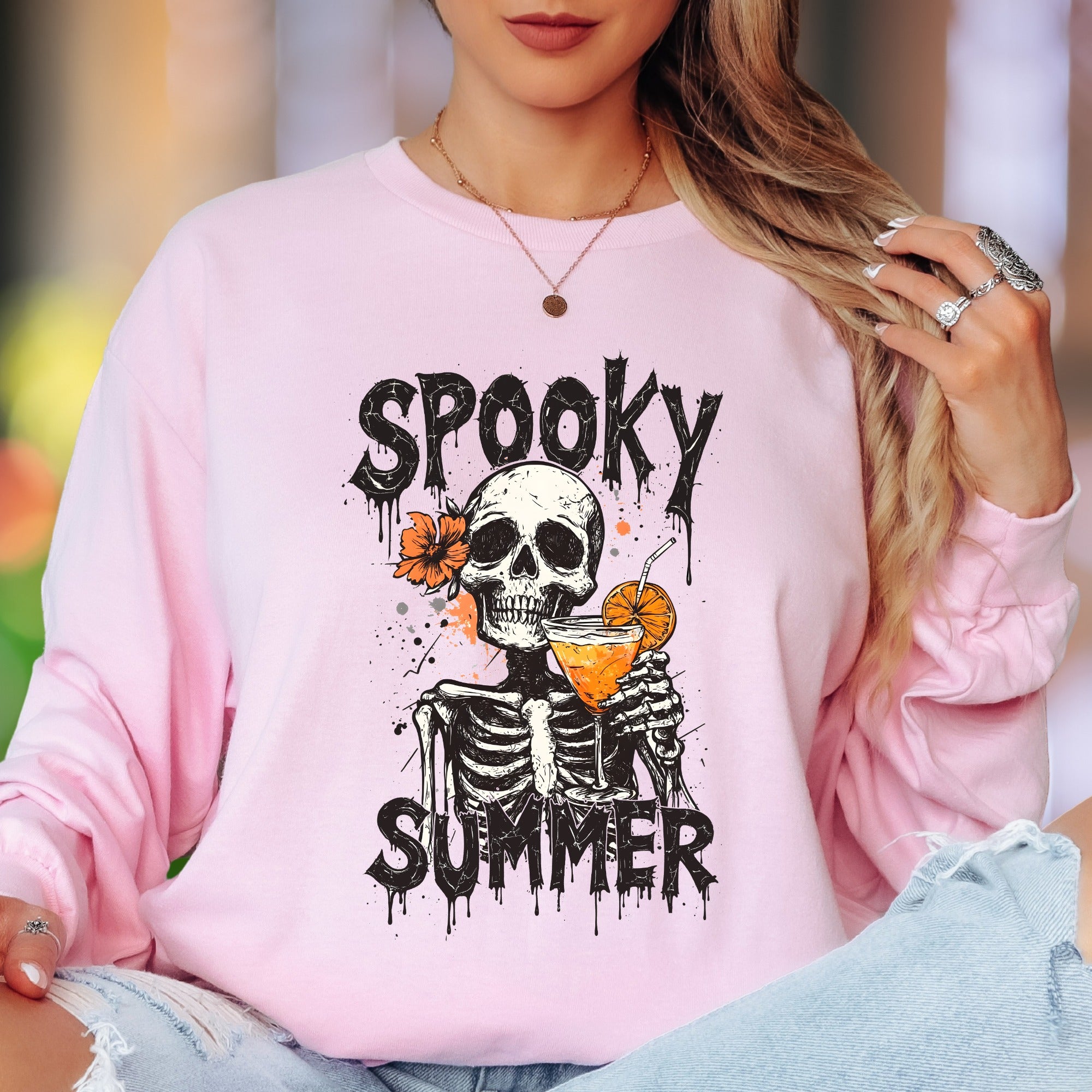 "Spooky Summer" | Distressed Skull Unisex Adult Long Sleeve T-Shirt | Humorous Lifestyle