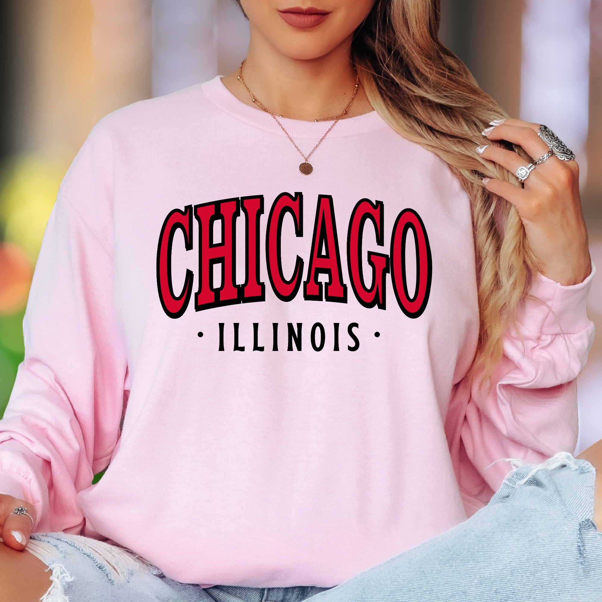 "CHICAGO • ILLINOIS" | Retro Typography Unisex Adult Long Sleeve T-Shirt | City Pride Apparel