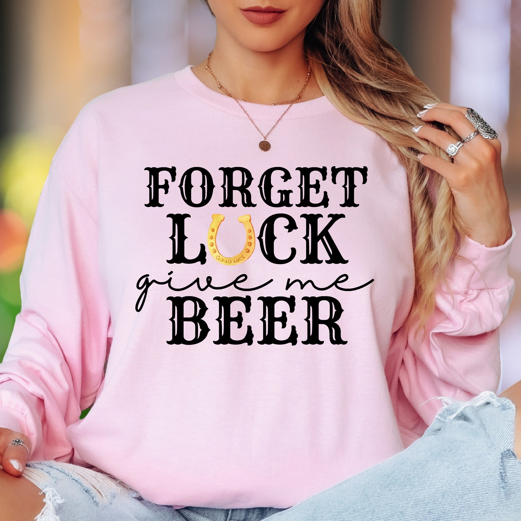 "Forget Luck Give Me Beer" | Funny Western Unisex Adult Long Sleeve T-Shirt | Party Lifestyle