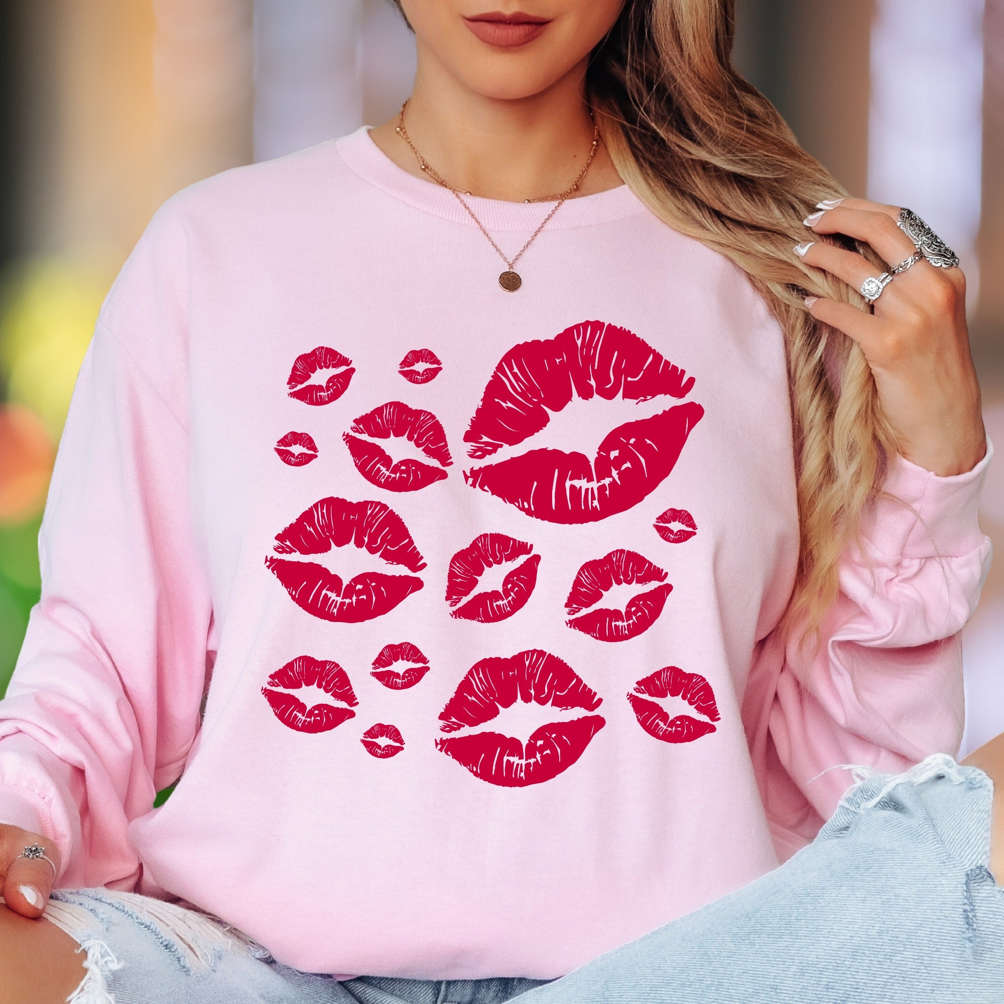 "Pink Kisses" | Playful Pattern Unisex Adult Long Sleeve T-Shirt | Flirty Lifestyle