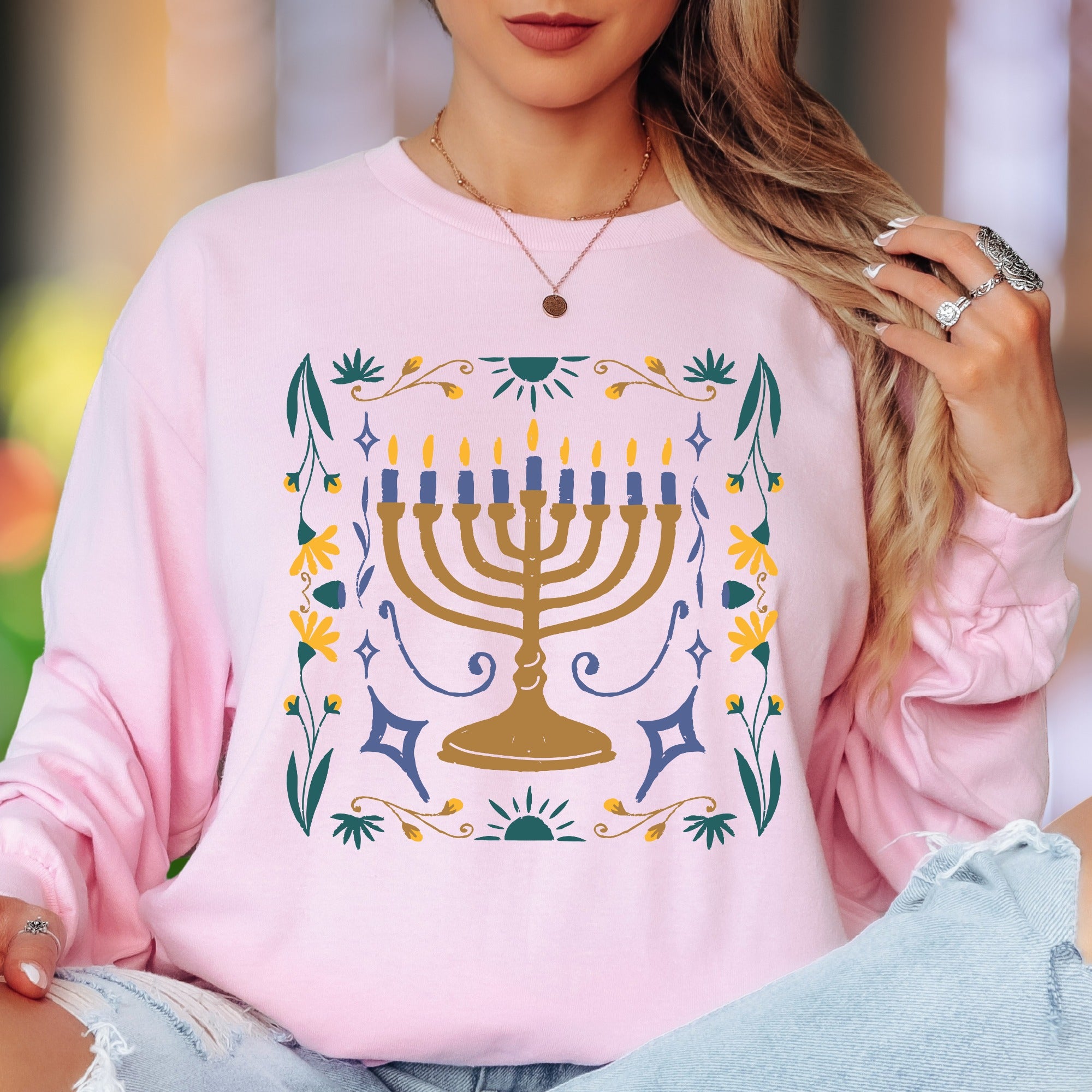 Minimalist Menorah | Floral Folk Art Unisex Adult Long Sleeve T-Shirt | Festive Lifestyle