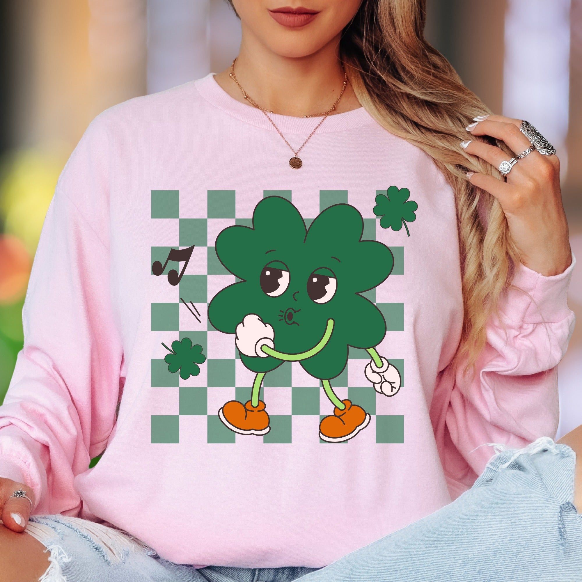 "Groovy Shamrock" | Retro Checkerboard Unisex Adult Long Sleeve T-Shirt | Playful St. Patrick's Day Style Main image
