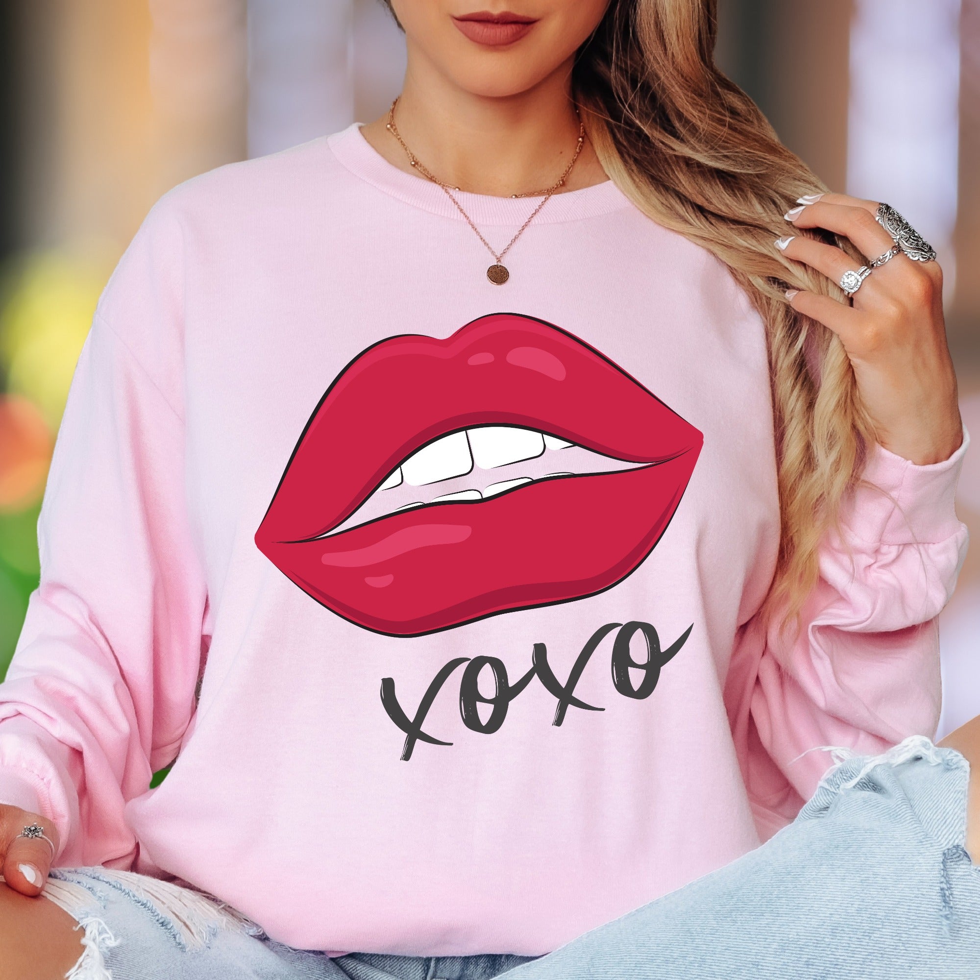 "XOXO" | Bold Lips Graphic Unisex Adult Long Sleeve T-Shirt | Affectionate Streetwear