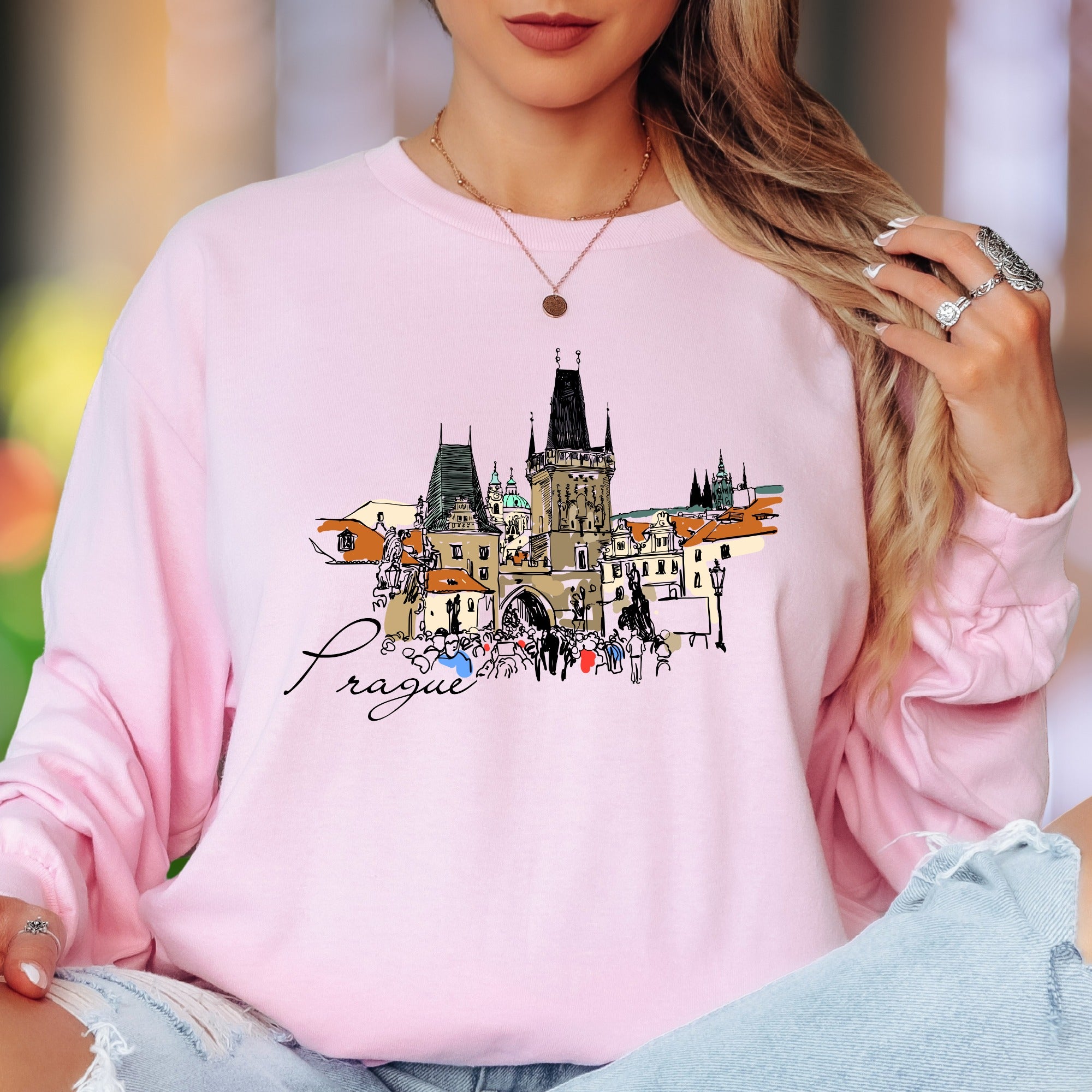 "Prague" | Sketch Art Cityscape Unisex Adult Long Sleeve T-Shirt | Travel & Culture Lifestyle