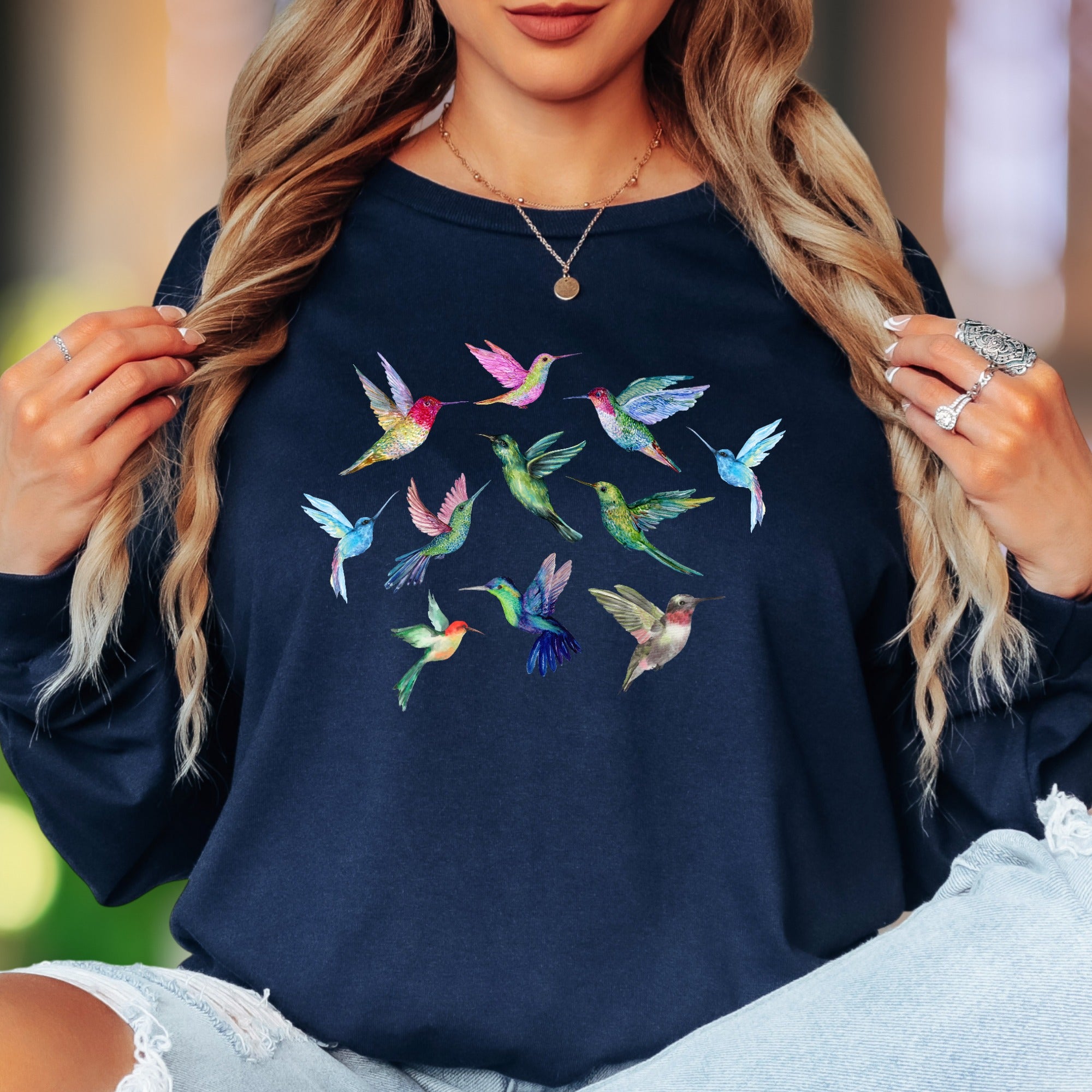 "Colorful Hummingbirds" | Nature Aesthetic Unisex Adult Long Sleeve T-Shirt | Whimsical Lifestyle