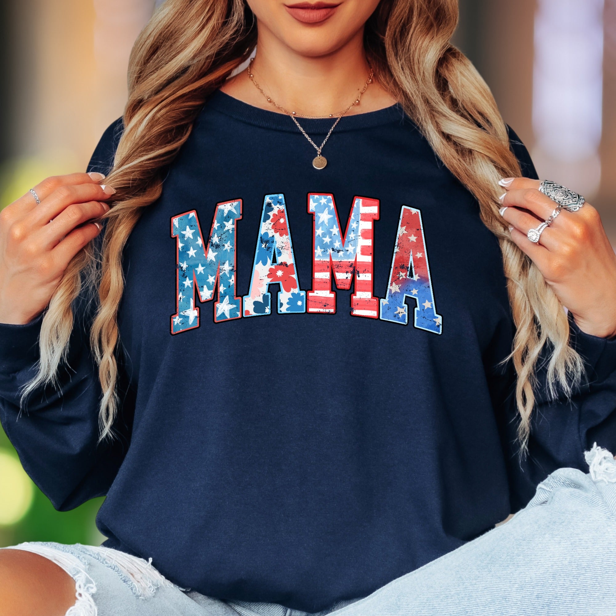 "MAMA" | Distressed Grunge Patriotic Unisex Adult Long Sleeve T-Shirt | Motherhood Lifestyle