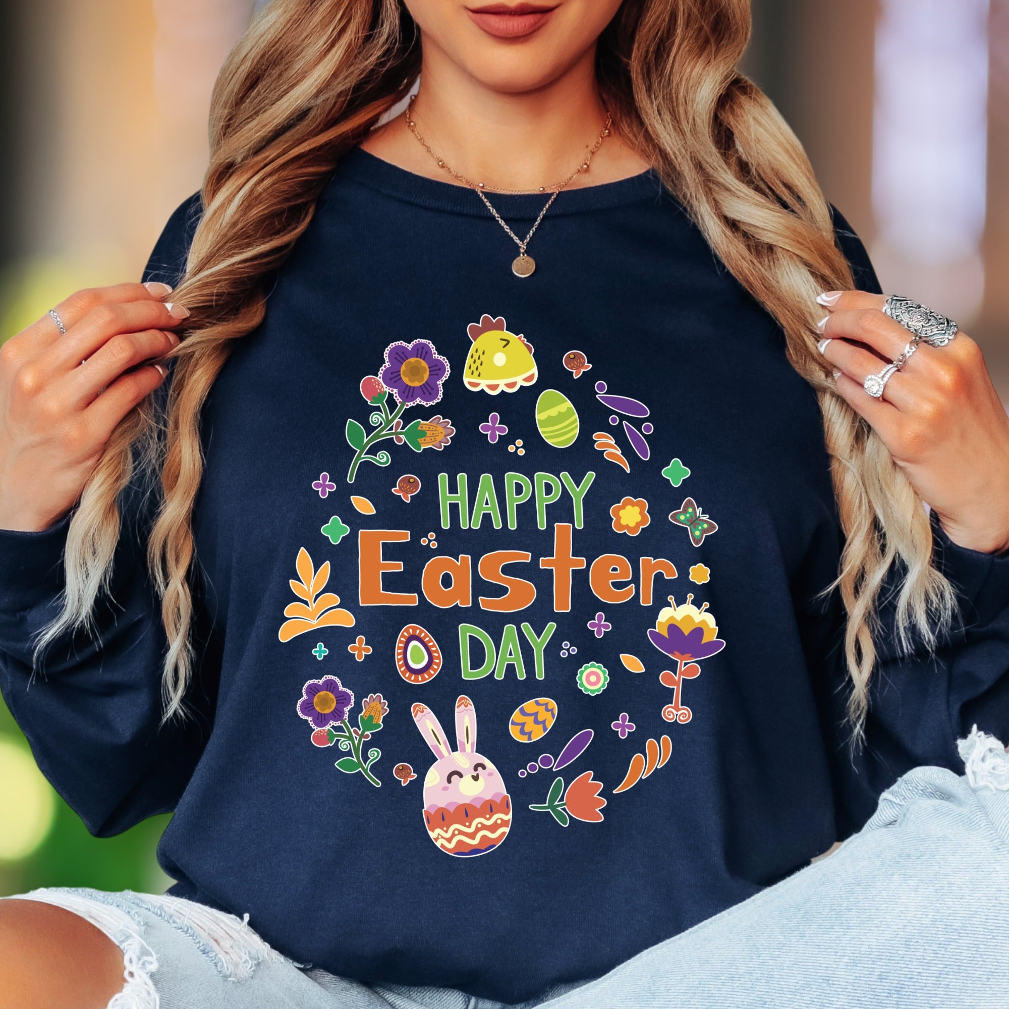 "Happy Easter Day" | Festive Graphic Unisex Adult Long Sleeve T-Shirt | Holiday Celebration