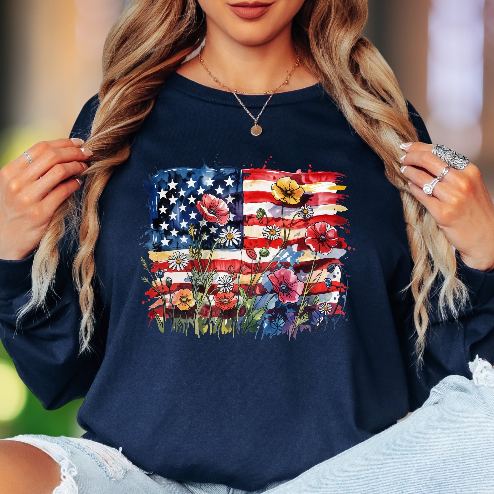 "Abstract Floral Flag" | Watercolor Nature Unisex Adult Long Sleeve T-Shirt | Patriotic Lifestyle