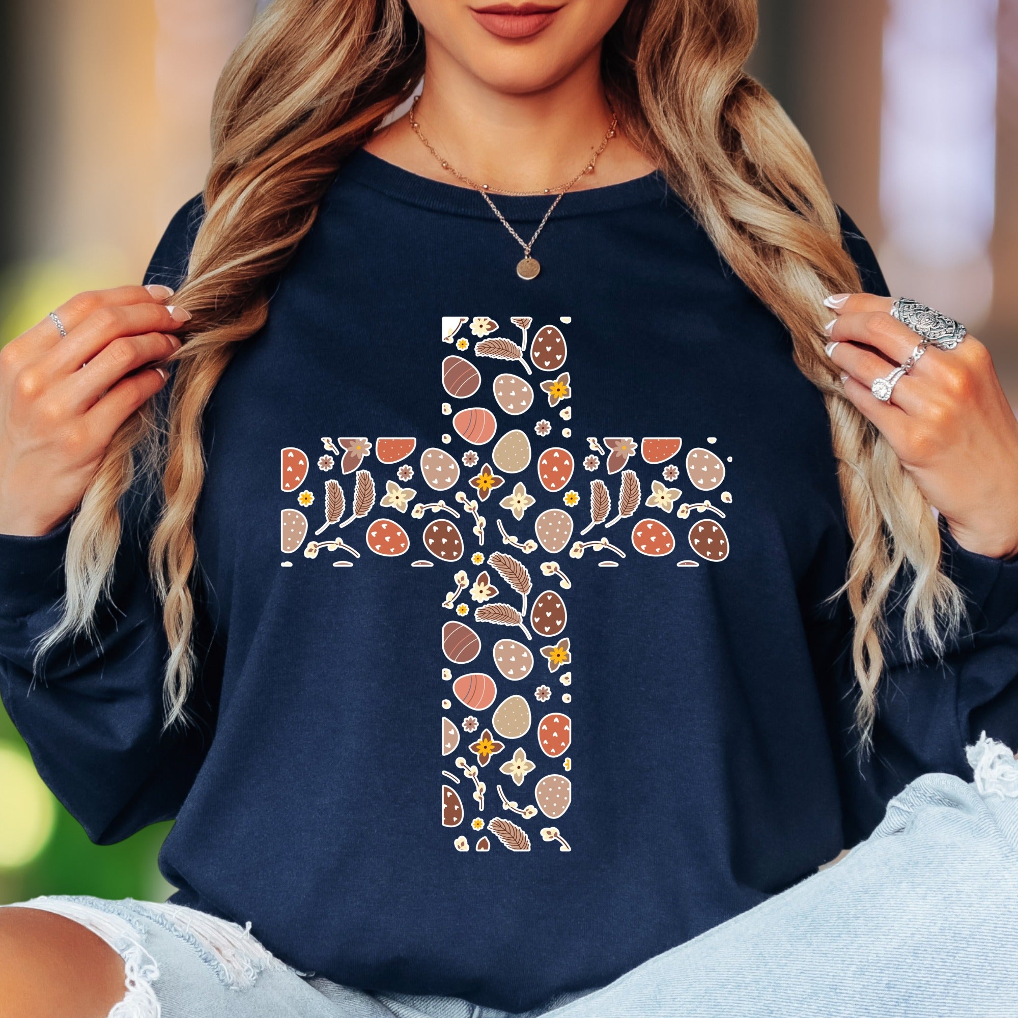 Easter Floral Egg Cross Long Sleeve Tee - Christian Spring Faith Adult Unisex T-Shirt