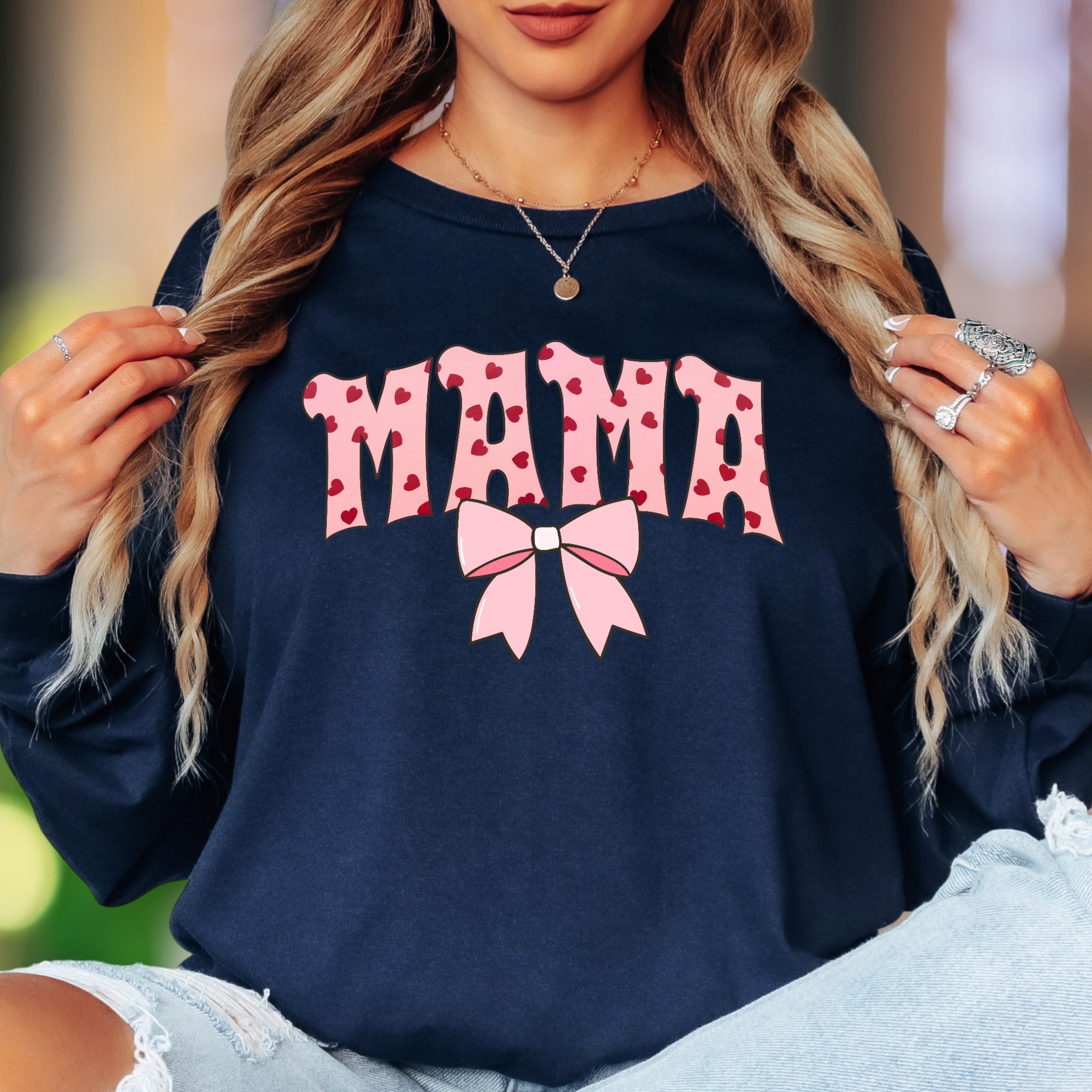"MAMA" | Heart Pattern Typography Unisex Adult Long Sleeve T-Shirt | Loving Motherhood Style