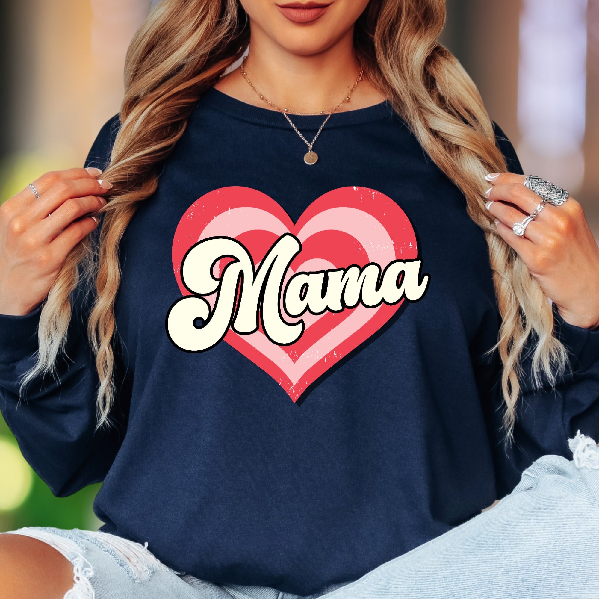 "Mama" | Retro Heart Unisex Adult Long Sleeve T-Shirt | Motherhood Lifestyle