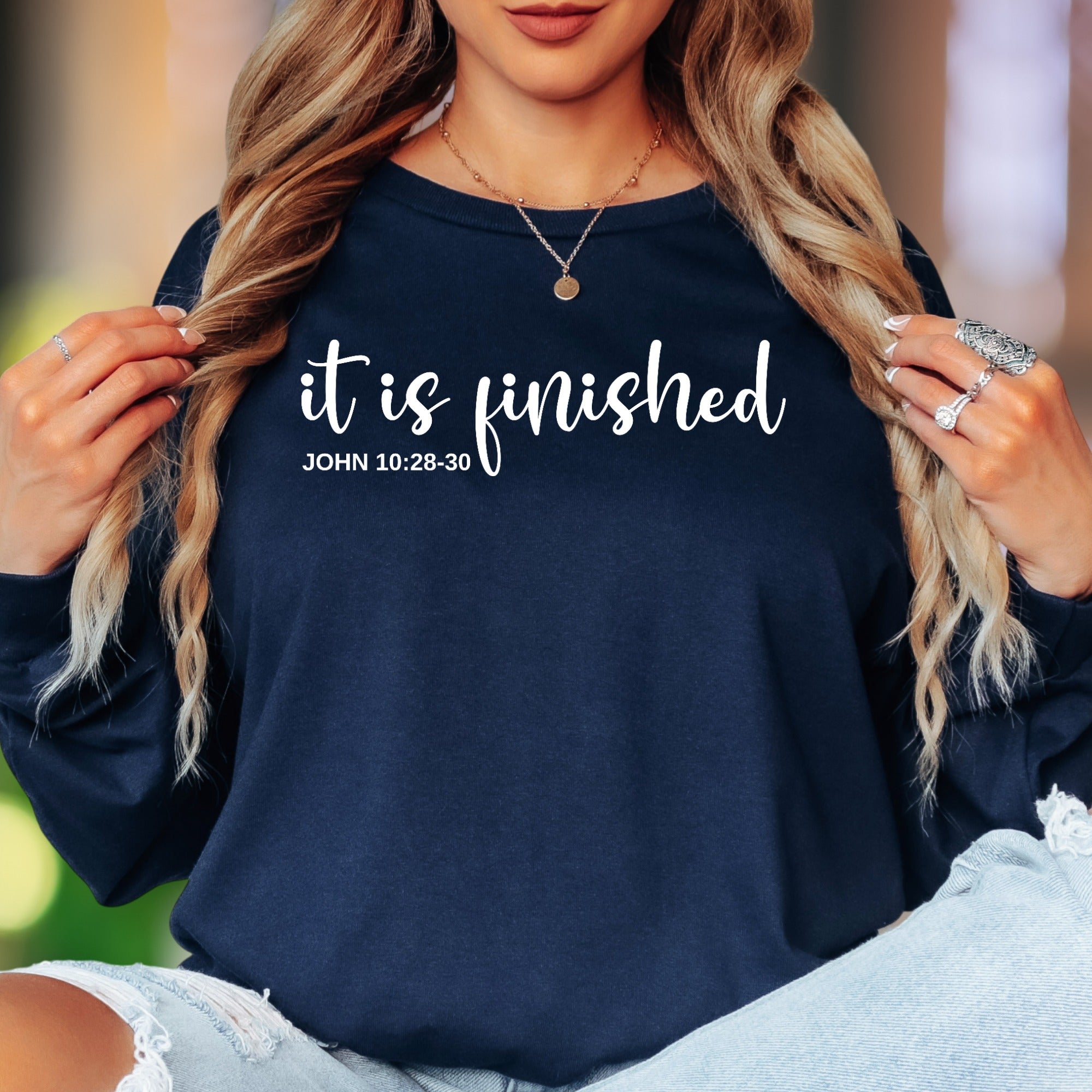 "It Is Finished JOHN 10:28-30" | Minimal Typography Unisex Adult Long Sleeve T-Shirt | Faith-Inspired Lifestyle
