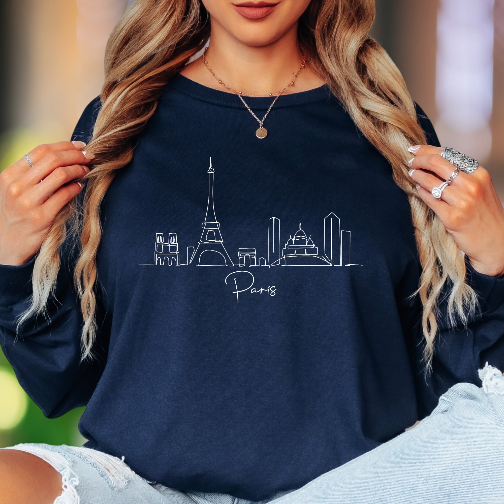 "Paris" | Minimal Skyline Unisex Adult Long Sleeve T-Shirt | Travel Lifestyle
