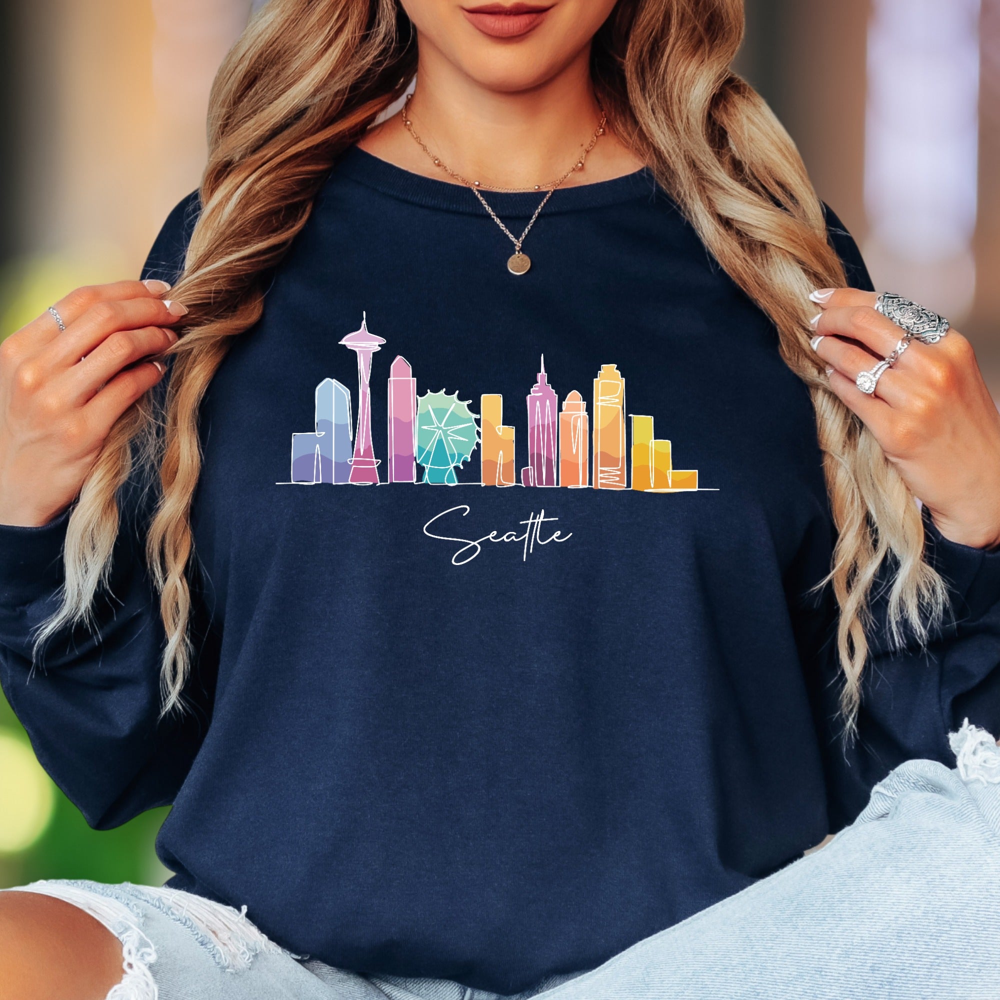 "Seattle" | Minimal Skyline Unisex Adult Long Sleeve T-Shirt | Colorful Cityscape