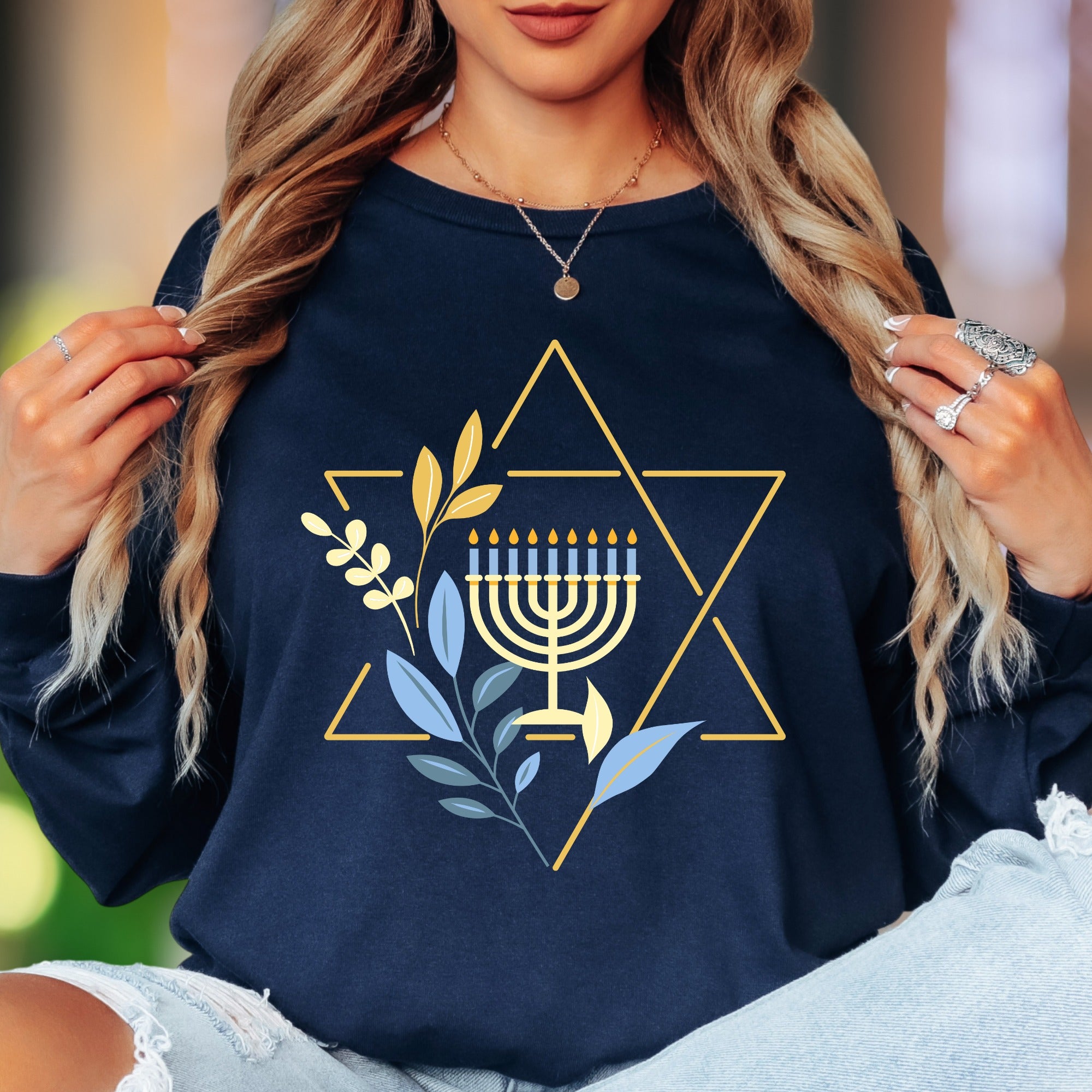 "Menorah & Star of David" | Floral Hanukkah Unisex Adult Long Sleeve T-Shirt | Festive Heritage