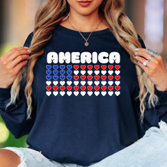 "AMERICA" | Patriotic Heart Grid Unisex Adult Long Sleeve T-Shirt | Heritage Pride