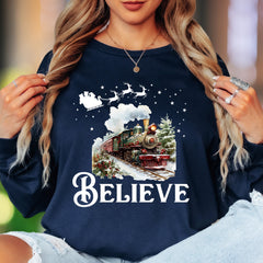 "Believe" | Christmas Train Illustration Unisex Adult Long Sleeve T-Shirt | Festive Holiday Wear