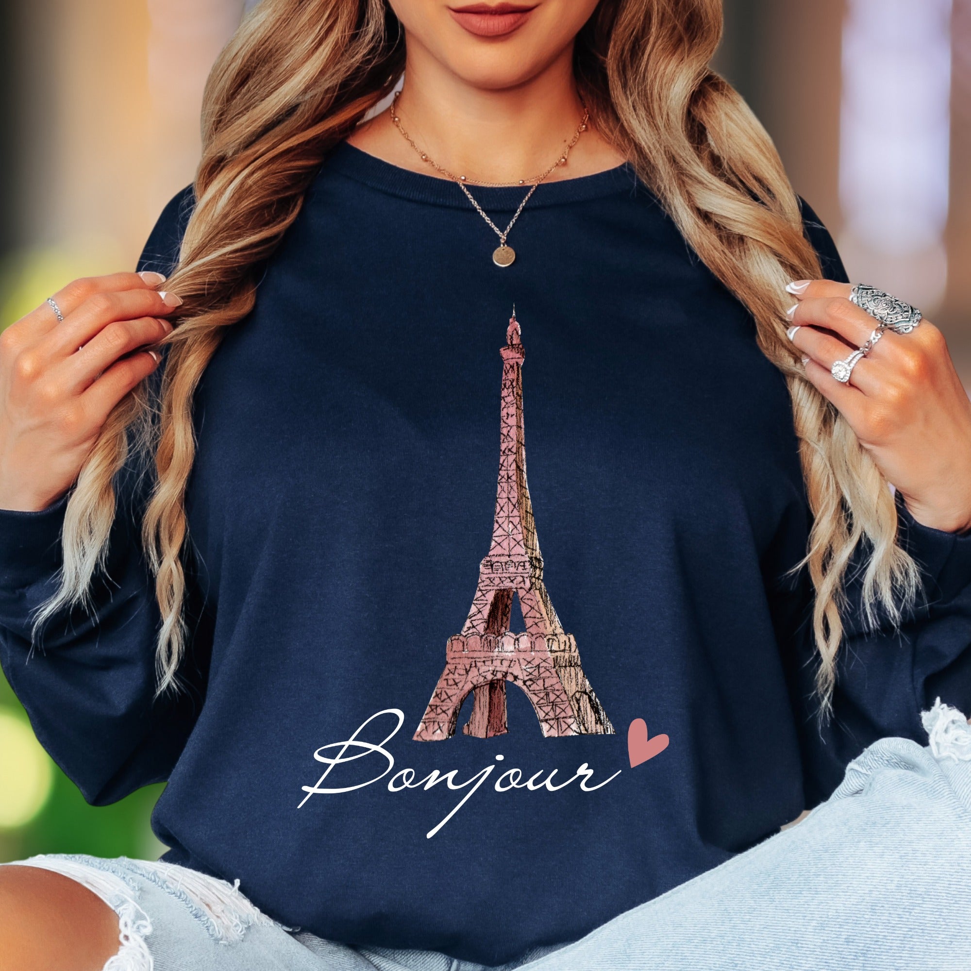"Bonjour Eiffel Tower" | Parisian Sketch Unisex Adult Long Sleeve T-Shirt | Romantic Travel Lifestyle