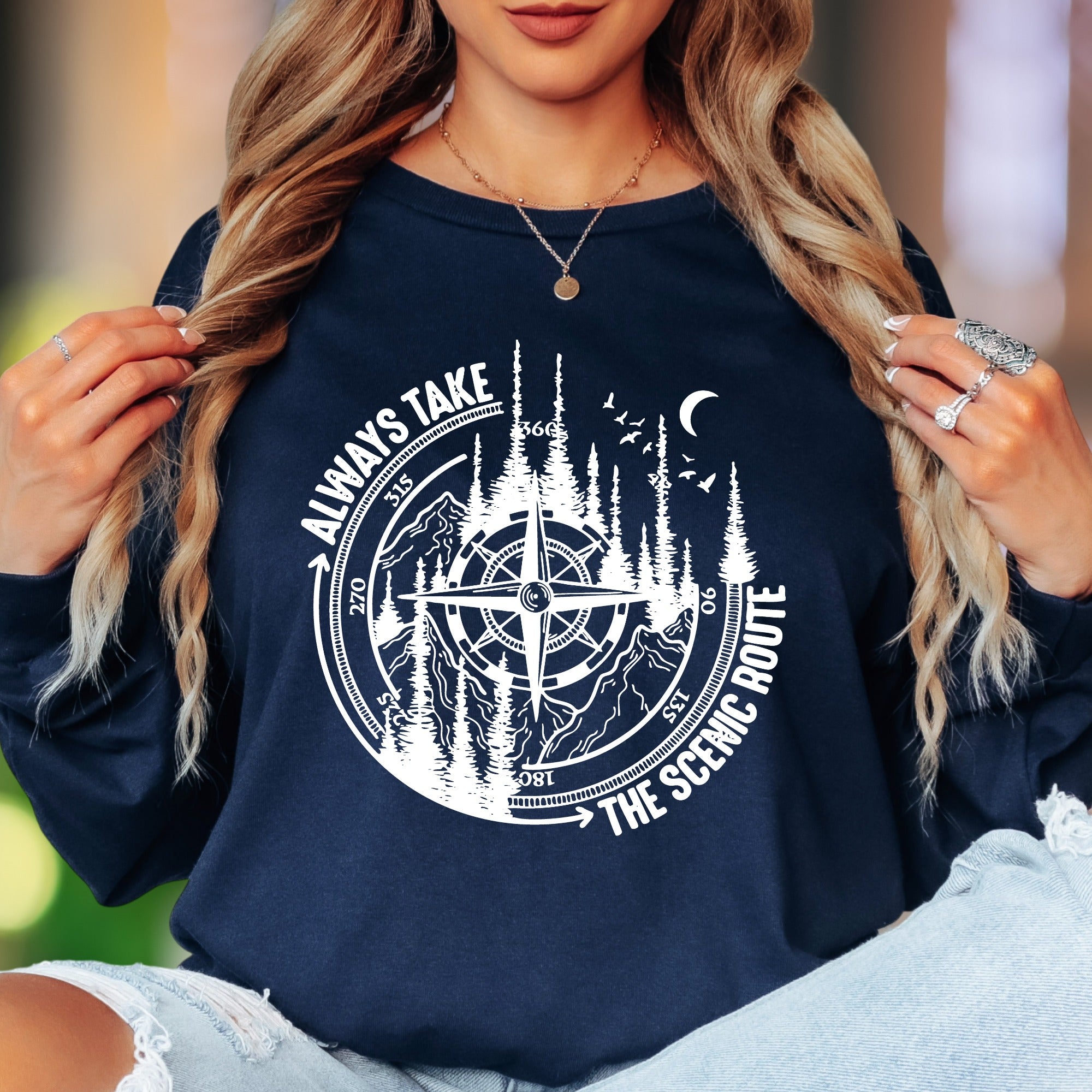 "Always Take The Scenic Route" | Nature Compass Unisex Adult Long Sleeve T-Shirt | Outdoor Lifestyle