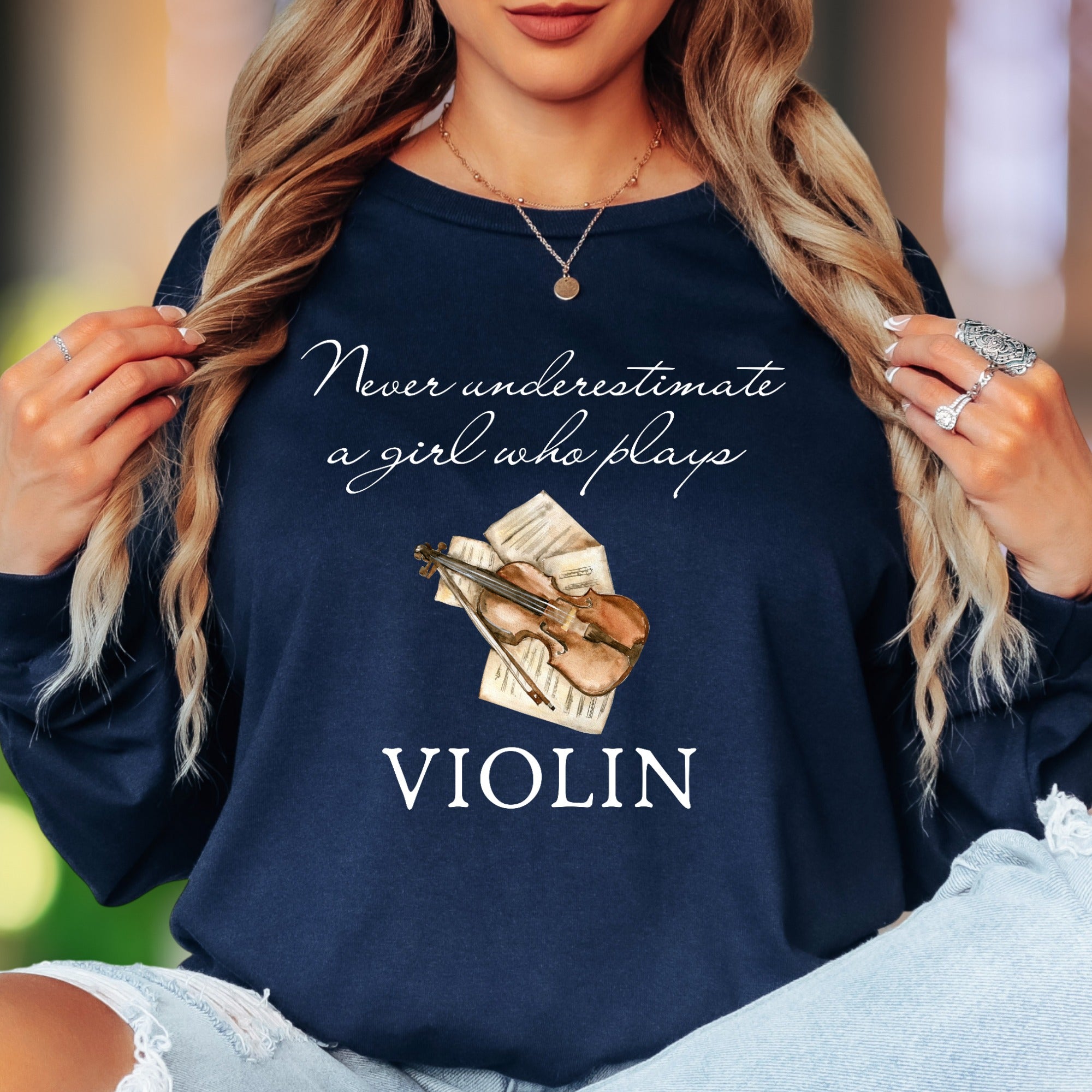 "Never Underestimate A Girl Who Plays Violin" | Artistic Expression Unisex Adult Long Sleeve T-Shirt | Musician Lifestyle