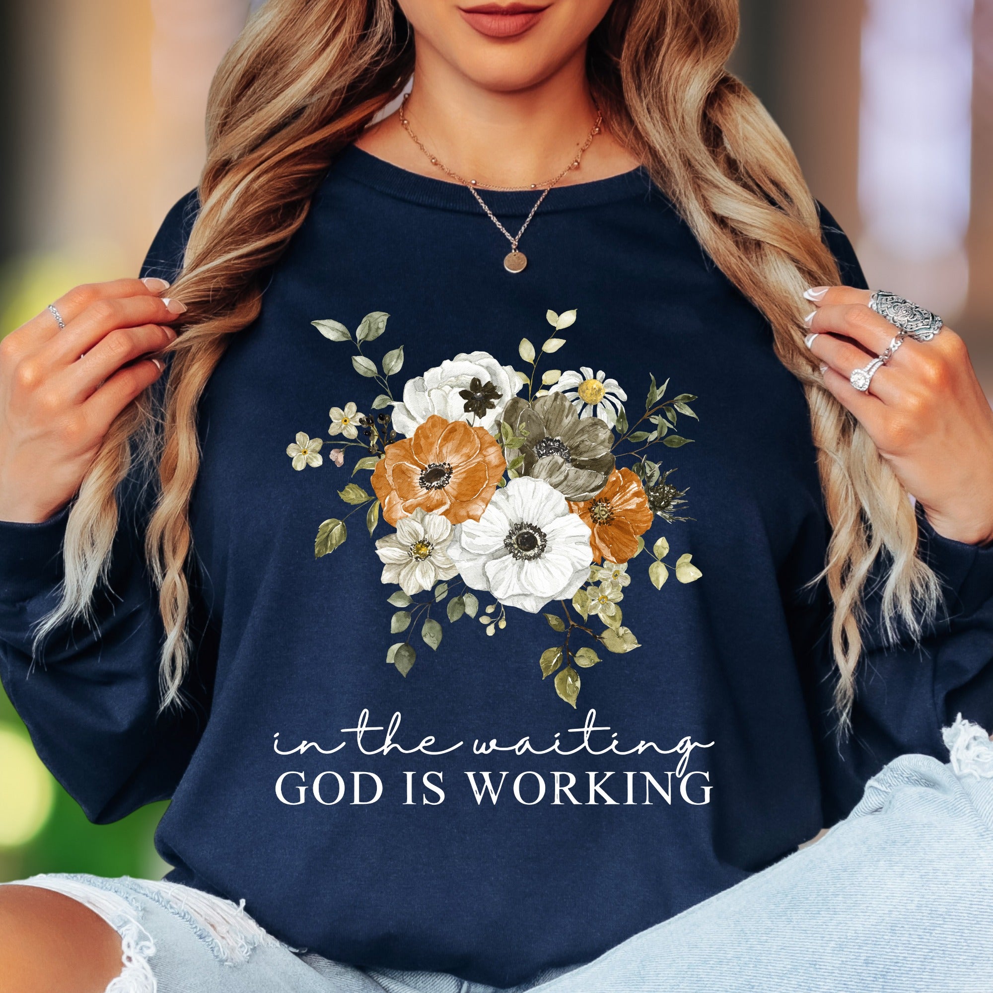 "In The Waiting, God Is Working" | Floral Typography Unisex Adult Long Sleeve T-Shirt | Inspirational Faithwear