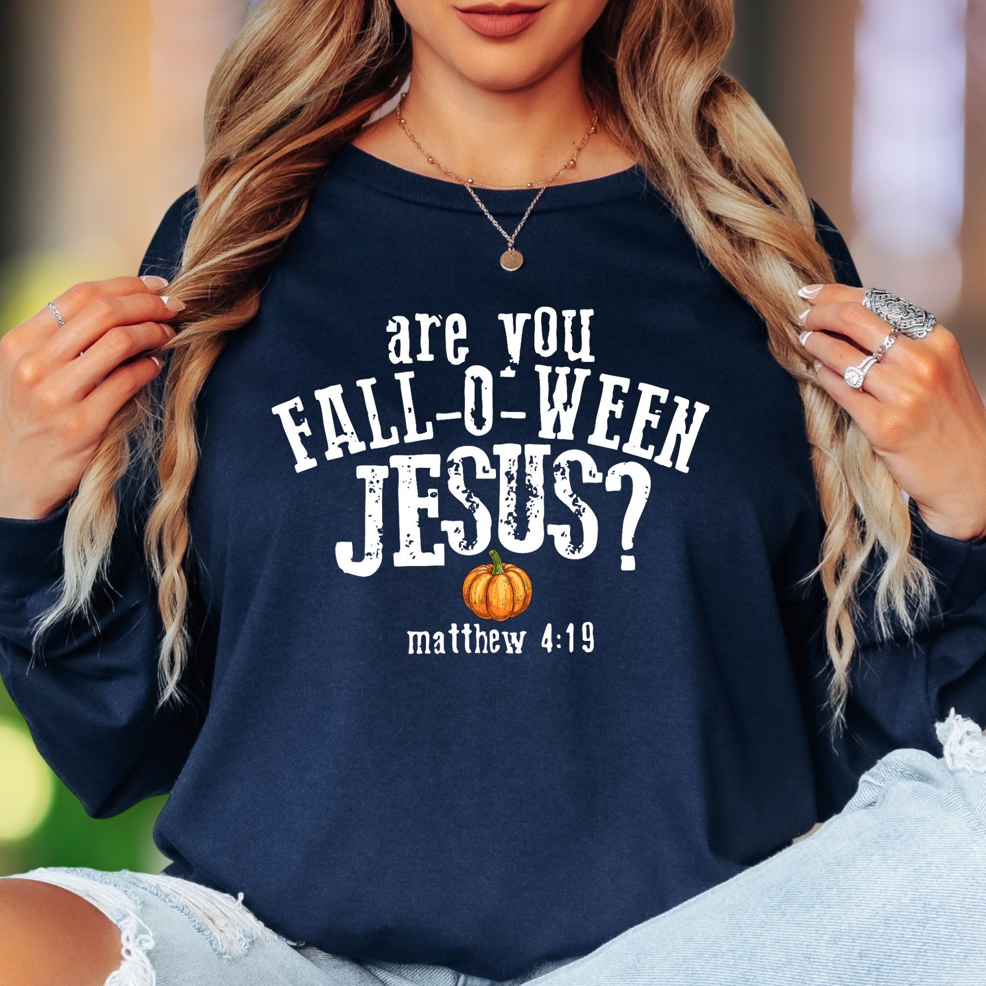"Are You Fall-O-Ween Jesus?" | Playful Typography Unisex Adult Long Sleeve T-Shirt | Faith-Inspired Fun