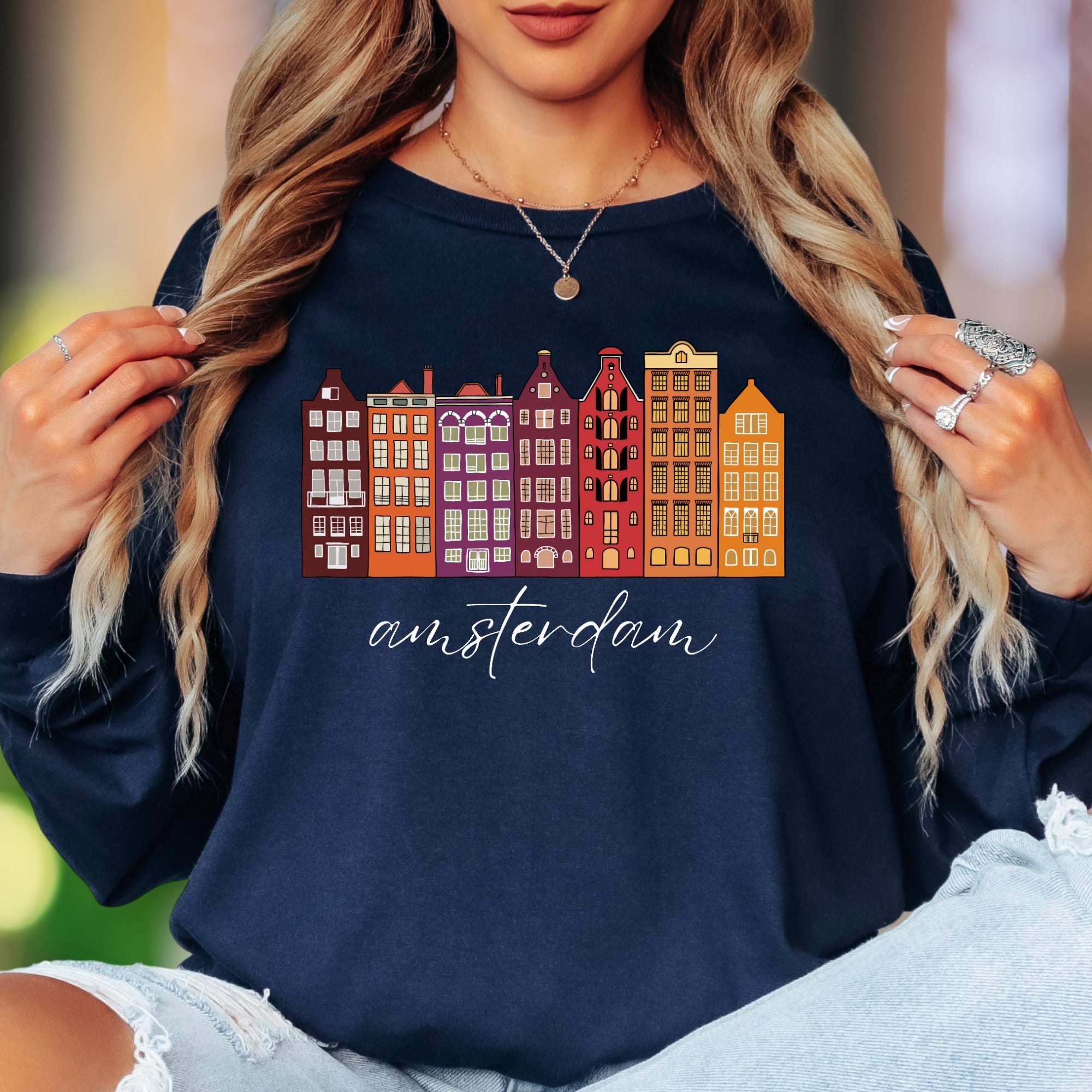 "amsterdam" | Cityscape Retro Unisex Adult Long Sleeve T-Shirt | Travel & Culture Lifestyle