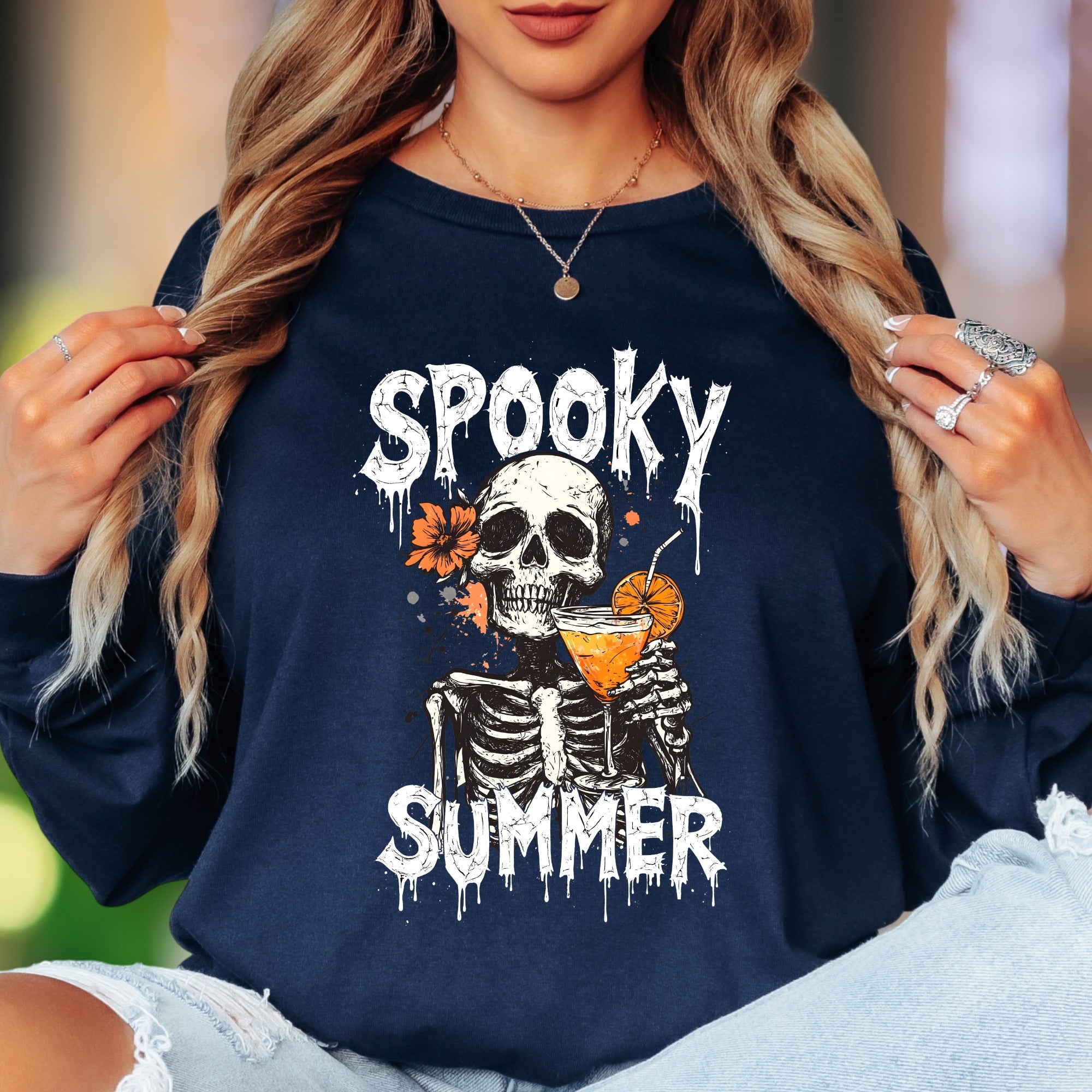"Spooky Summer" | Distressed Skull Unisex Adult Long Sleeve T-Shirt | Humorous Lifestyle