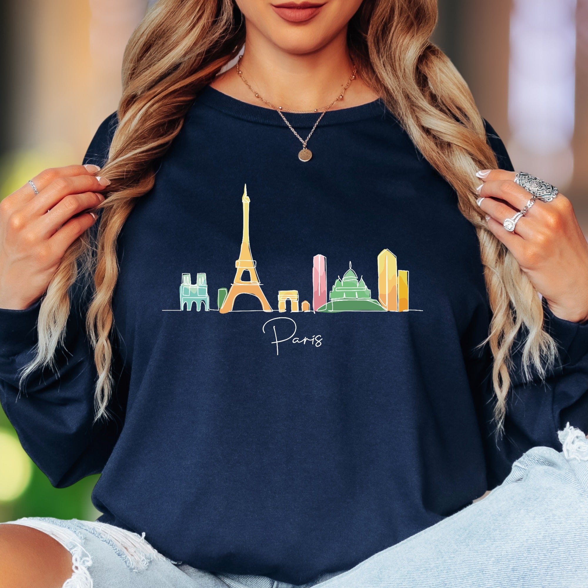 "Paris" | Minimal Skyline Unisex Adult Long Sleeve T-Shirt | Travel & Lifestyle Apparel