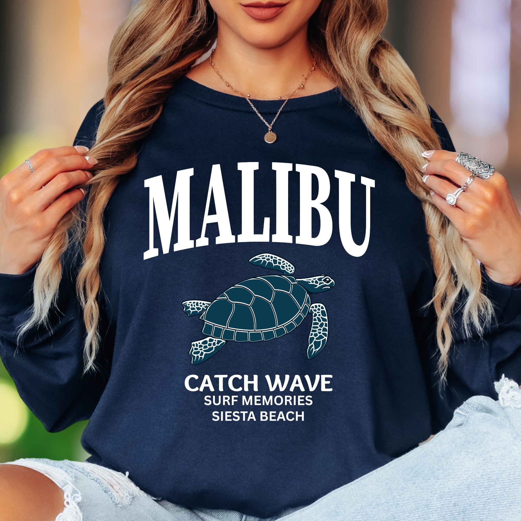 "MALIBU Catch Wave Surf Memories Siesta Beach" | Coastal Retro Unisex Adult Long Sleeve T-Shirt | Beach Lifestyle