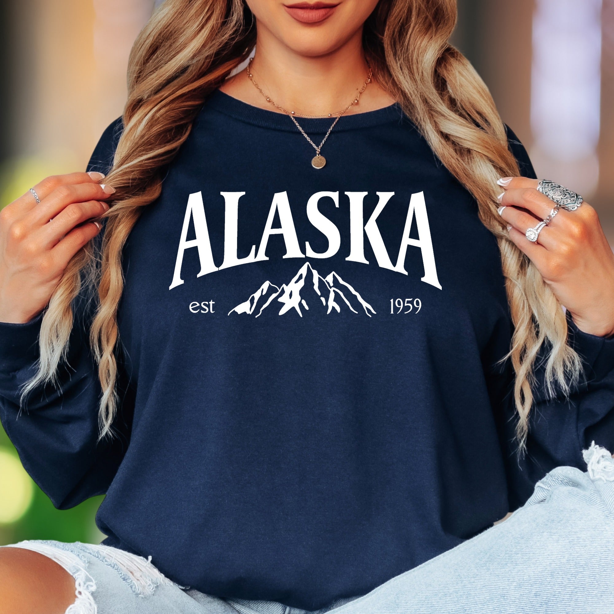 "Alaska Est 1959" | Vintage Mountain Unisex Adult Long Sleeve T-Shirt | Nature Inspired Apparel
