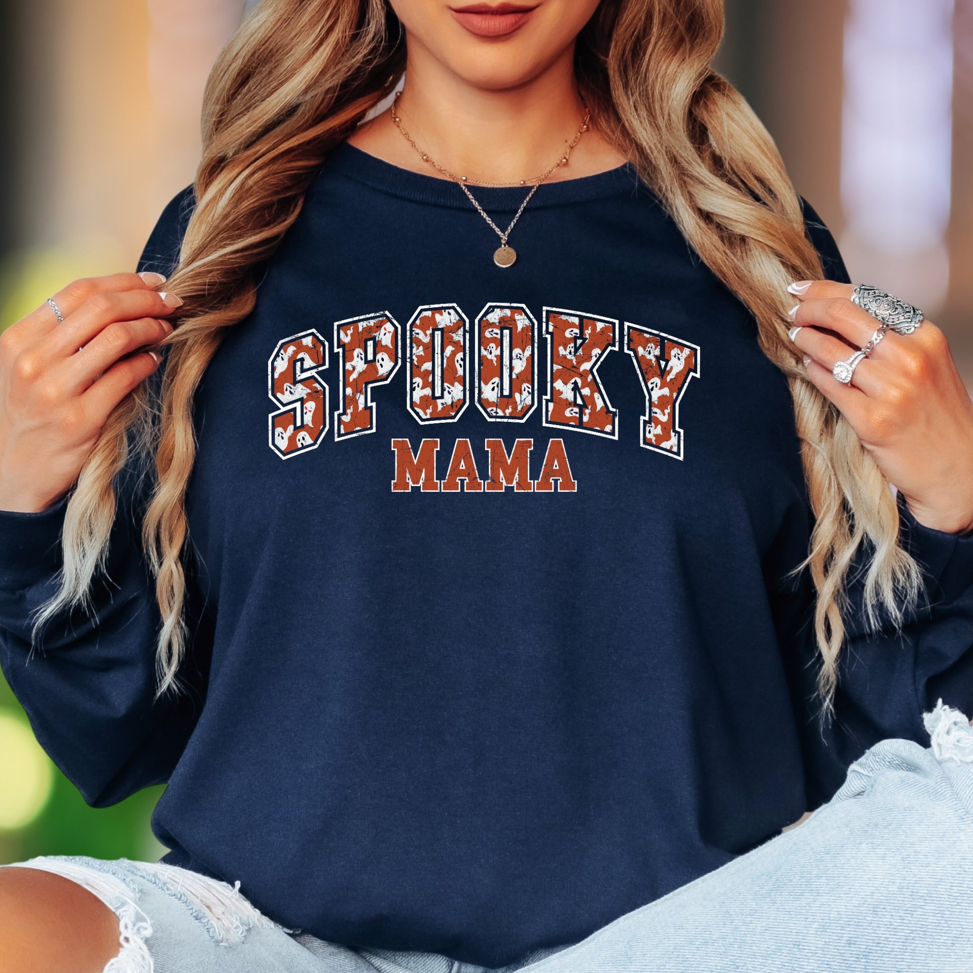 "Spooky Mama" | Distressed Retro Unisex Adult Long Sleeve T-Shirt | Halloween Lifestyle