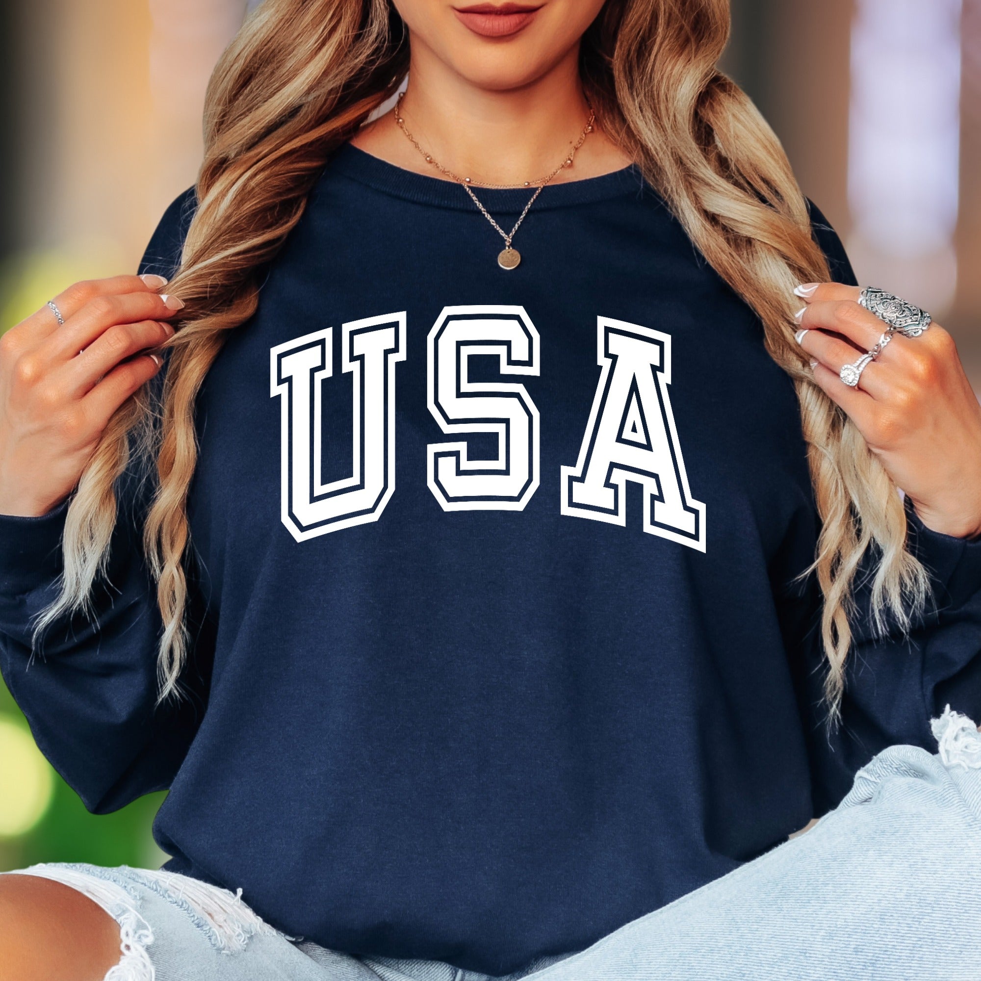 "USA" | Bold Typography Unisex Adult Long Sleeve T-Shirt | Patriotic Lifestyle