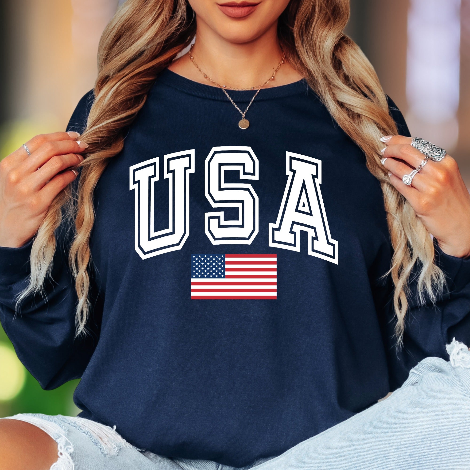 "USA" | Patriotic Bold Typography Unisex Adult Long Sleeve T-Shirt | American Pride Apparel
