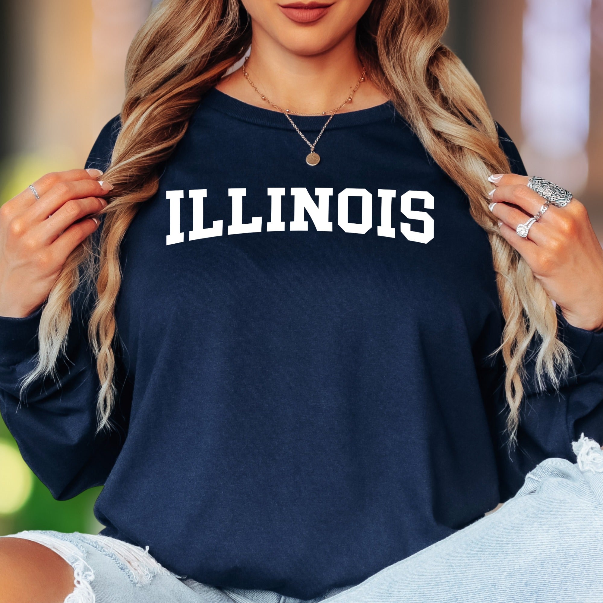 "ILLINOIS" | Collegiate Bold Typography Unisex Adult Long Sleeve T-Shirt | State Pride Lifestyle