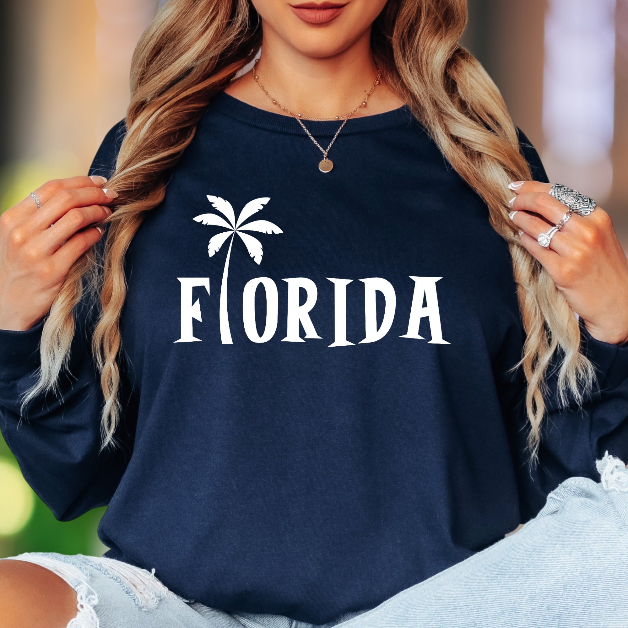 "Florida" | Palm Tree Typography Unisex Adult Long Sleeve T-Shirt | Travel & Lifestyle