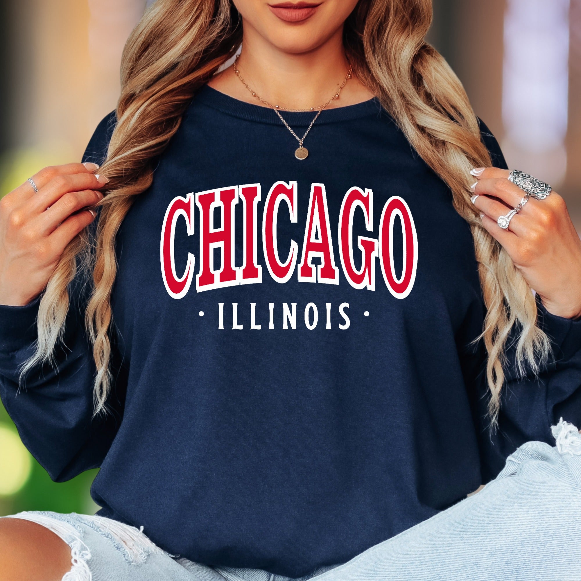 "CHICAGO • ILLINOIS" | Retro Typography Unisex Adult Long Sleeve T-Shirt | City Pride Apparel