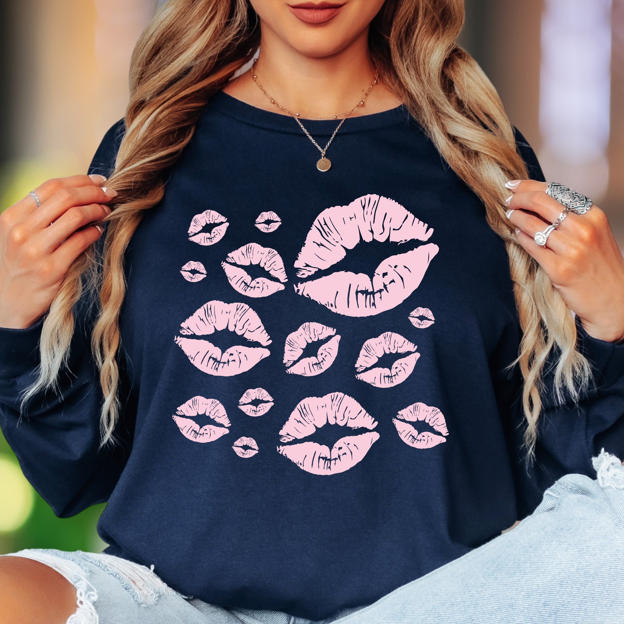 "Pink Kisses" | Playful Pattern Unisex Adult Long Sleeve T-Shirt | Flirty Lifestyle