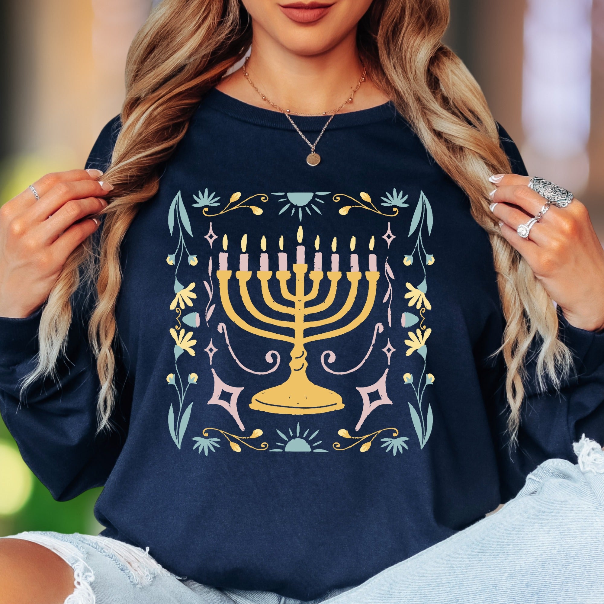 Minimalist Menorah | Floral Folk Art Unisex Adult Long Sleeve T-Shirt | Festive Lifestyle