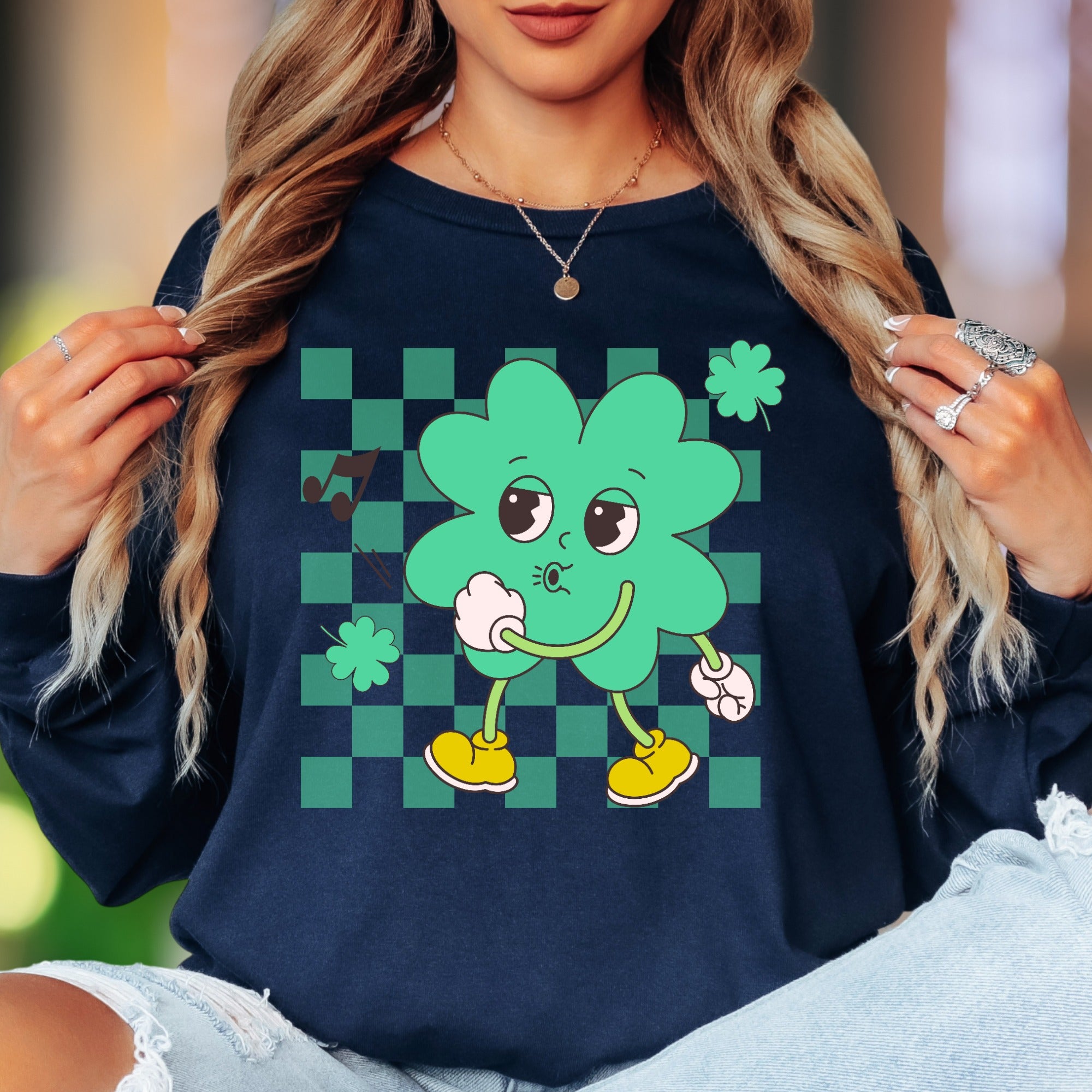 "Groovy Shamrock" | Retro Checkerboard Unisex Adult Long Sleeve T-Shirt | Playful St. Patrick's Day Style