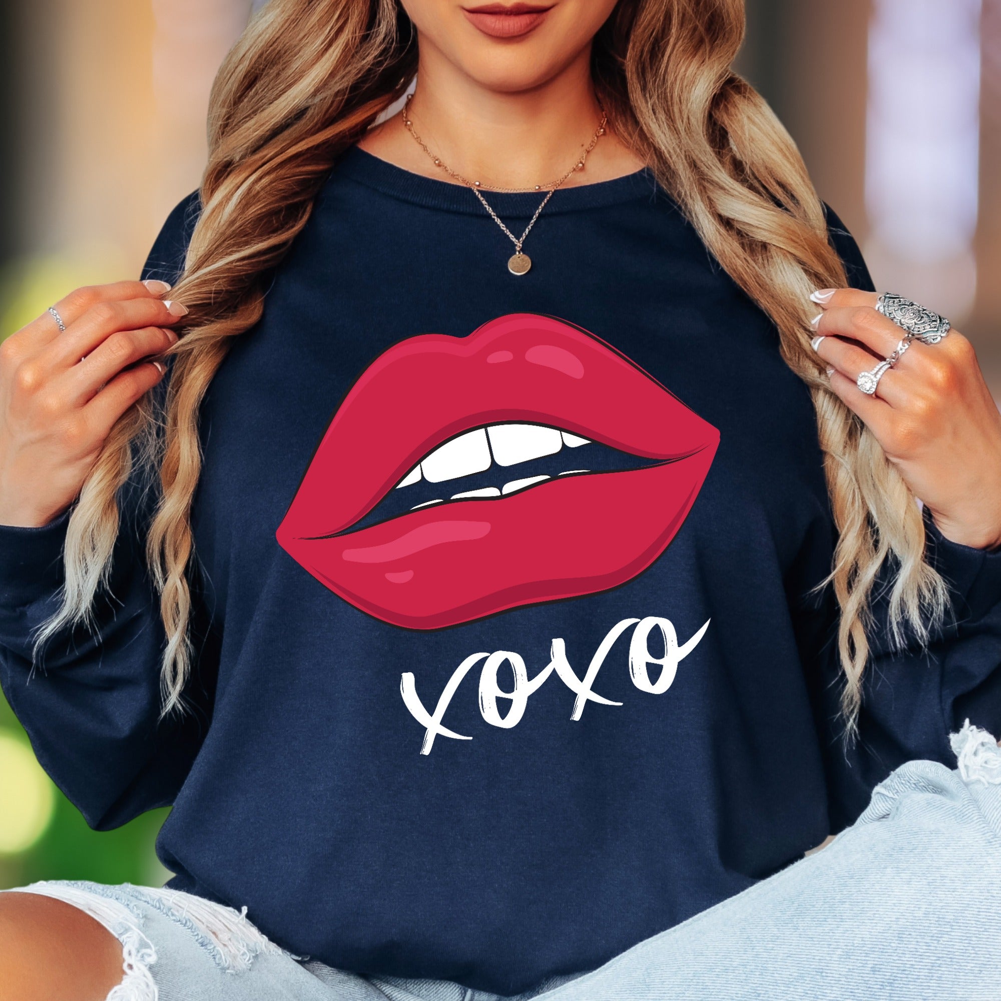 "XOXO" | Bold Lips Graphic Unisex Adult Long Sleeve T-Shirt | Affectionate Streetwear