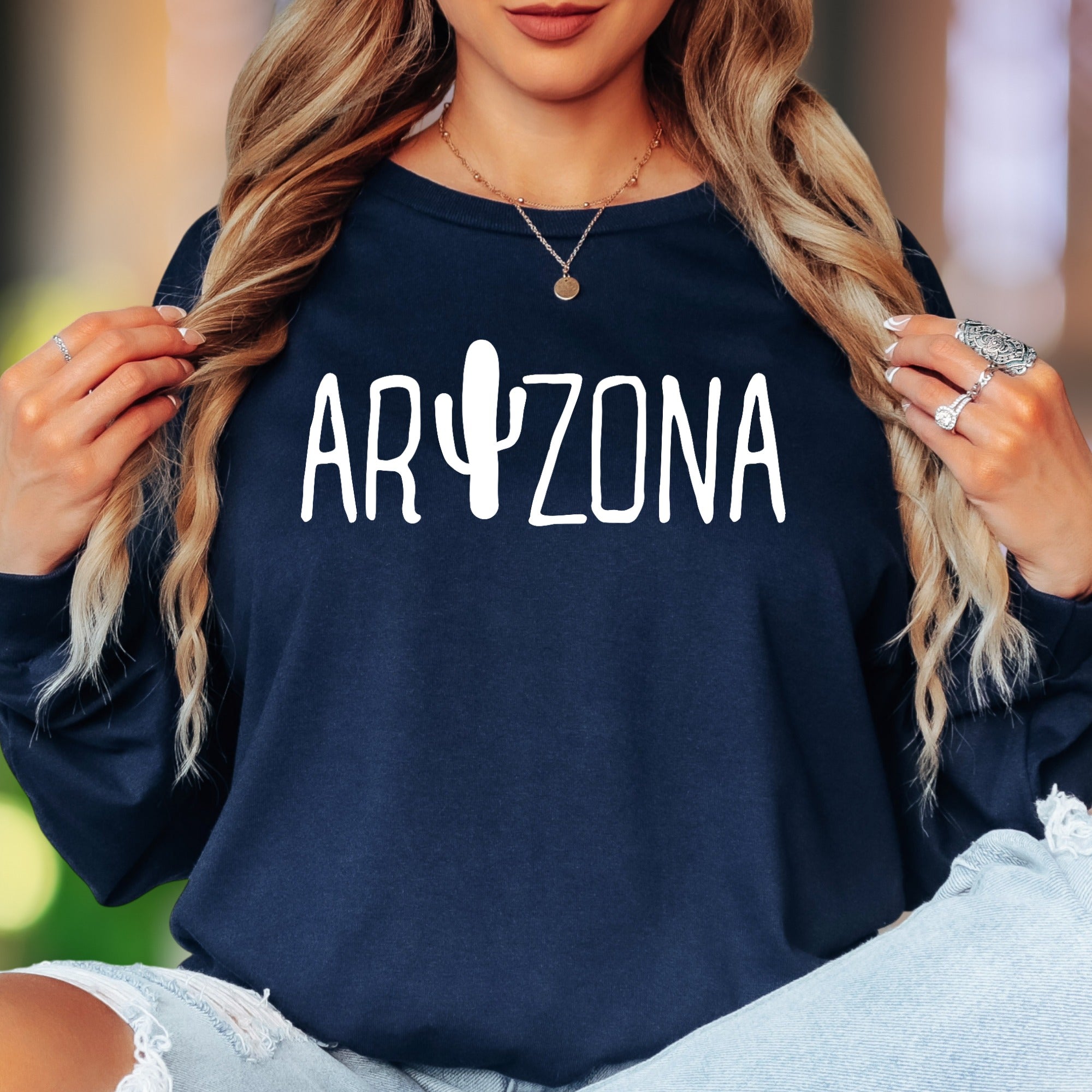 "Arizona" | Cactus Typography Unisex Adult Long Sleeve T-Shirt | Desert Lifestyle Apparel
