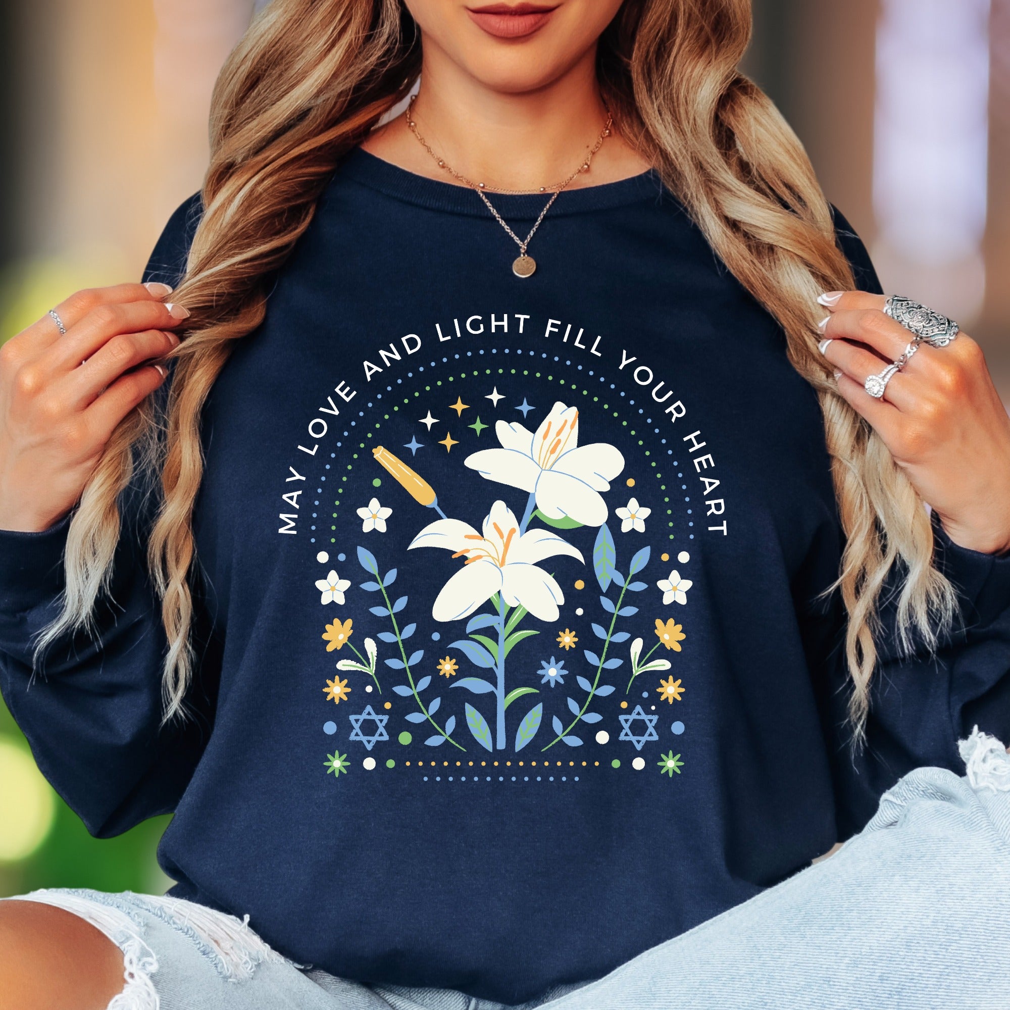 "May Love and Light Fill Your Heart" | Floral Motif Unisex Adult Long Sleeve T-Shirt | Positive Affirmation