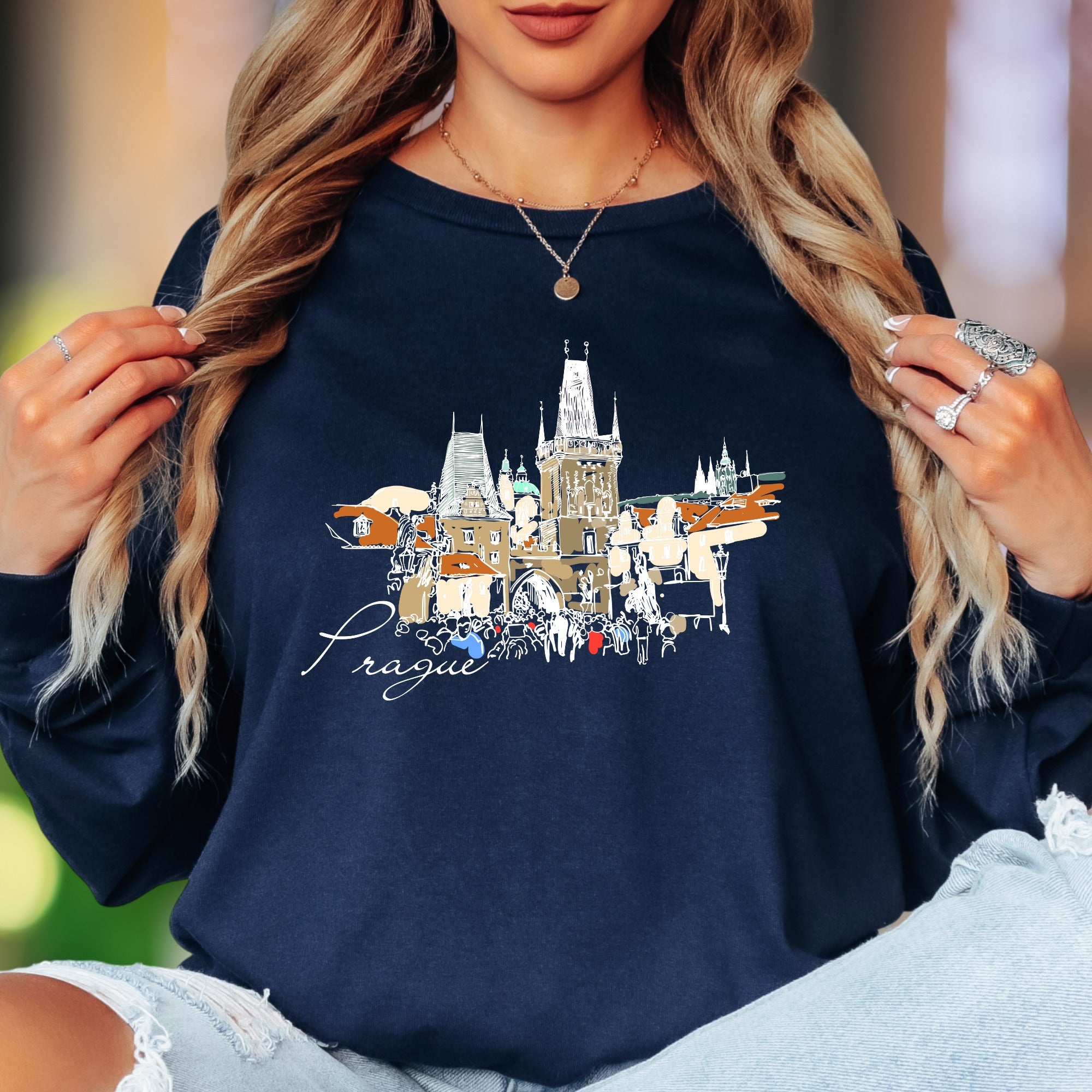 "Prague" | Sketch Art Cityscape Unisex Adult Long Sleeve T-Shirt | Travel & Culture Lifestyle