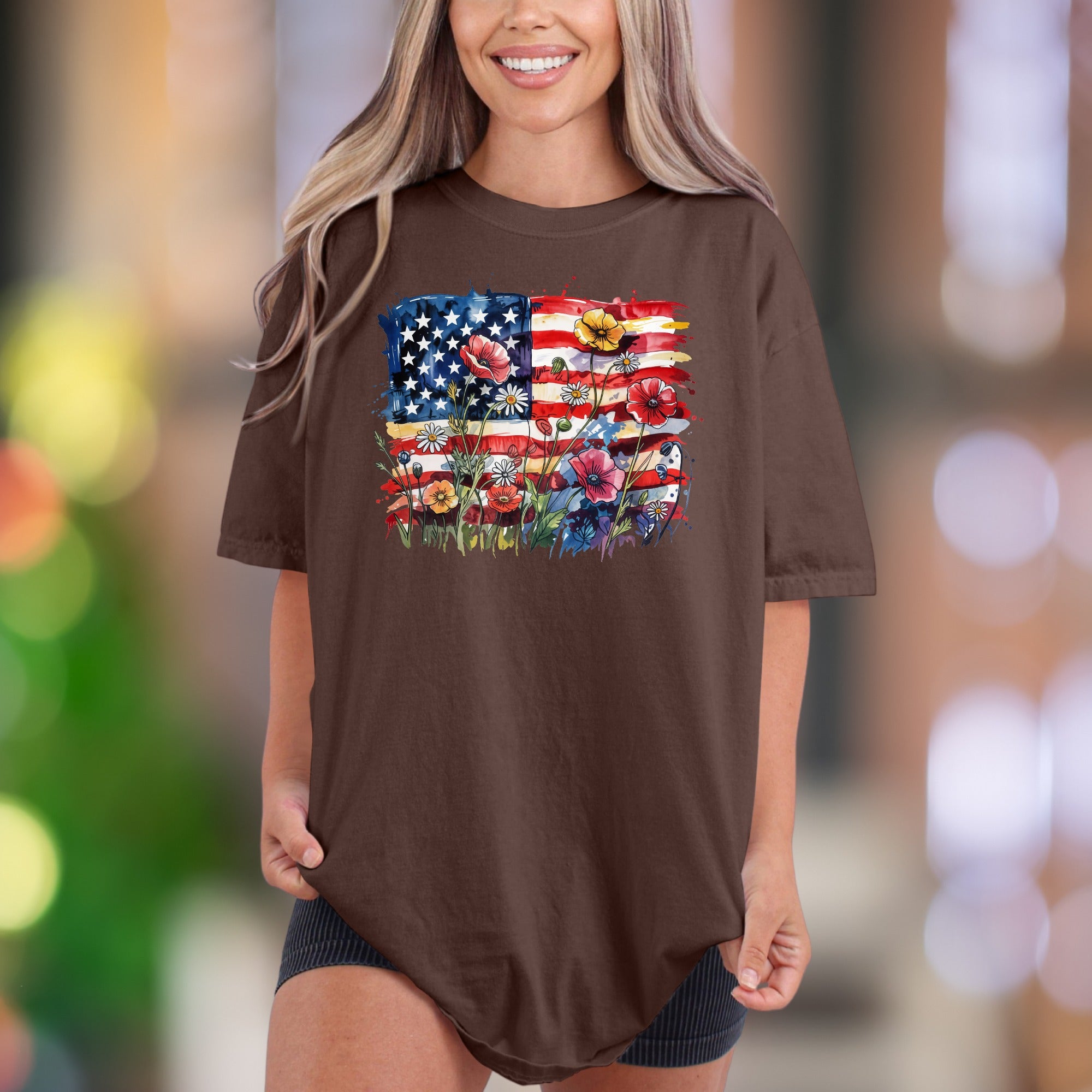 Floral America Flag Watercolor | Comfort Colors Unisex Adult T-Shirt | Patriotic Bloom