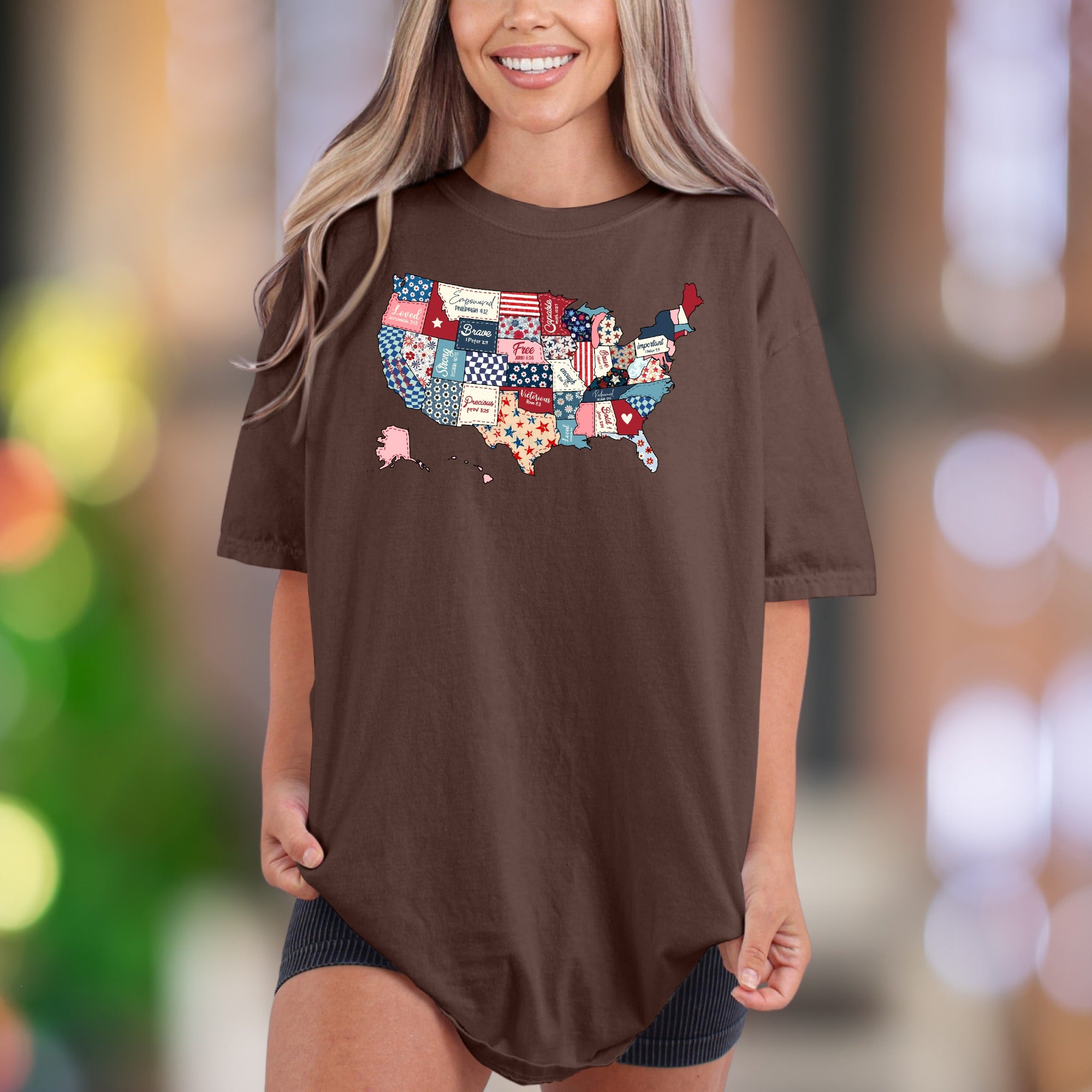 "Loved, Empowered, Brave, Free, Victorious" | Comfort Colors Unisex Adult T-Shirt | Patriotic Quilt Map Style
