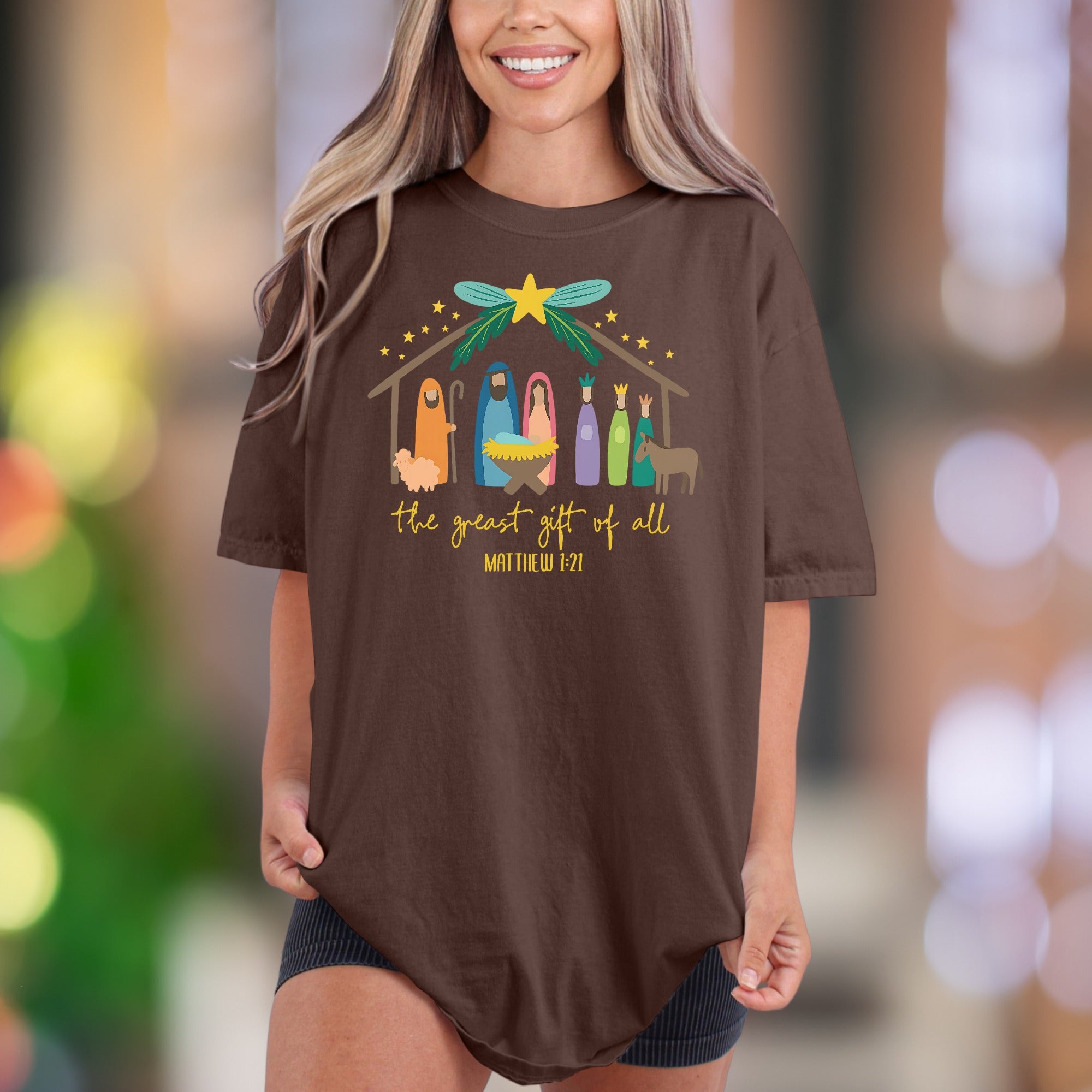 "the greast gift of all MATTHEW 1-21" | Comfort Colors Unisex Adult T-Shirt | Nativity Scene Graphic Tee